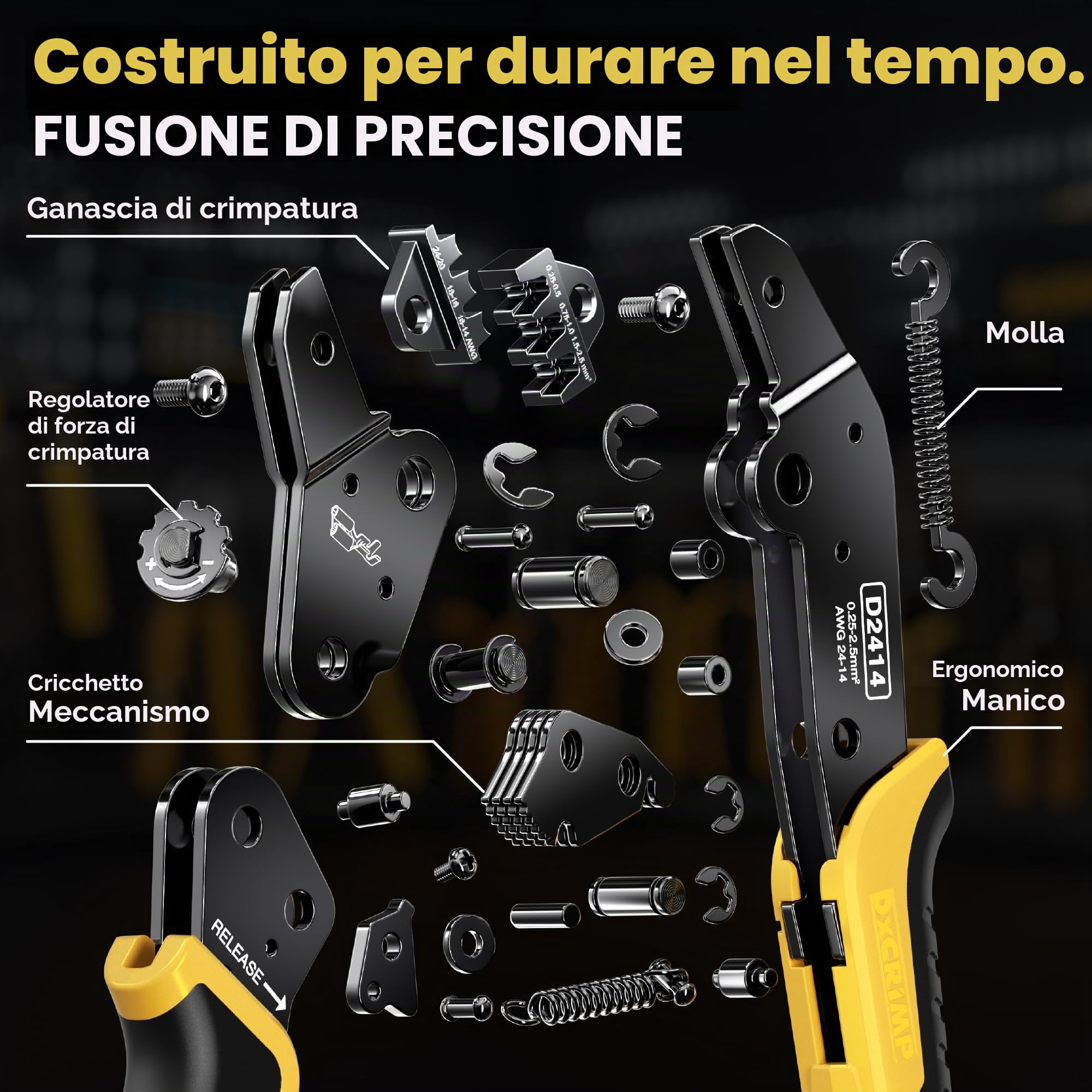 DxCRIMP Kit Crimpatura Connettori Auto 2.8mm con 2,3,4,6,9 Poli Connettori - Pinza a Cricchetto per Terminali 24-14 AWG, Include Estrattori e Set Connettori, Pinza crimpatura, Kit Estrattori Auto