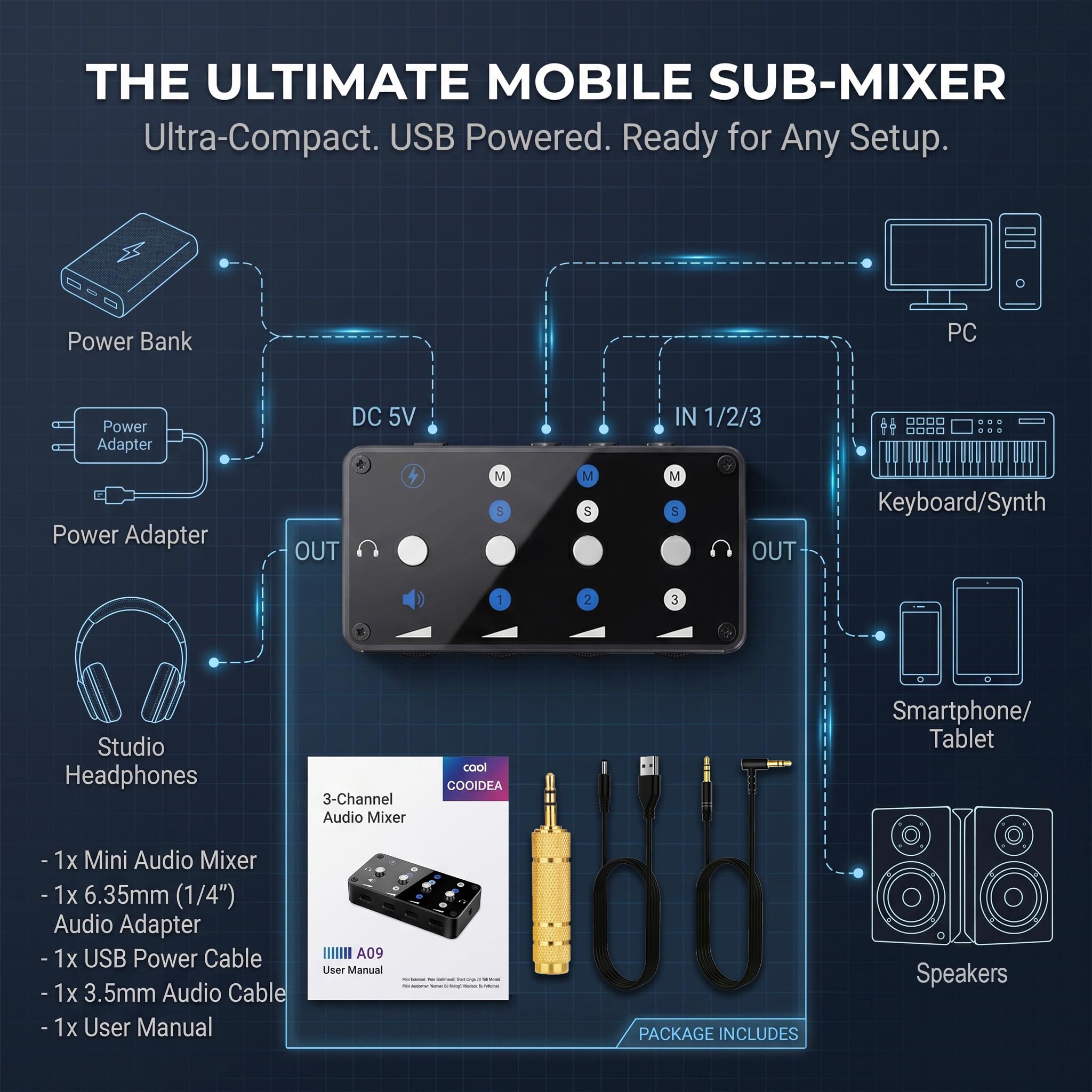 Cooidea Mini Table de Mixage 3 Canaux, Mixeur Audio Ligne Stéréo/Mono avec Zéro Latence & Faible Bruit, Mélangeur Portable (L/C/R Panning, USB) incl. Câble 3,5mm & Adaptateur 6,35mm pour PC, Podcast