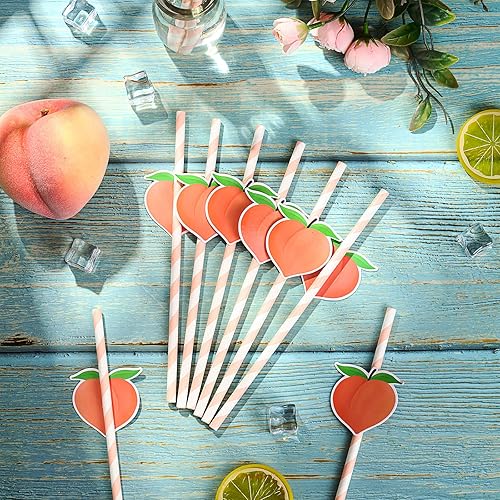 Miniatura 5 de Juego de pajitas de papel de melocotón, 50 popotes de melocotón para decoraciones de baby shower, pajitas desechables de fruta rosa para despedida