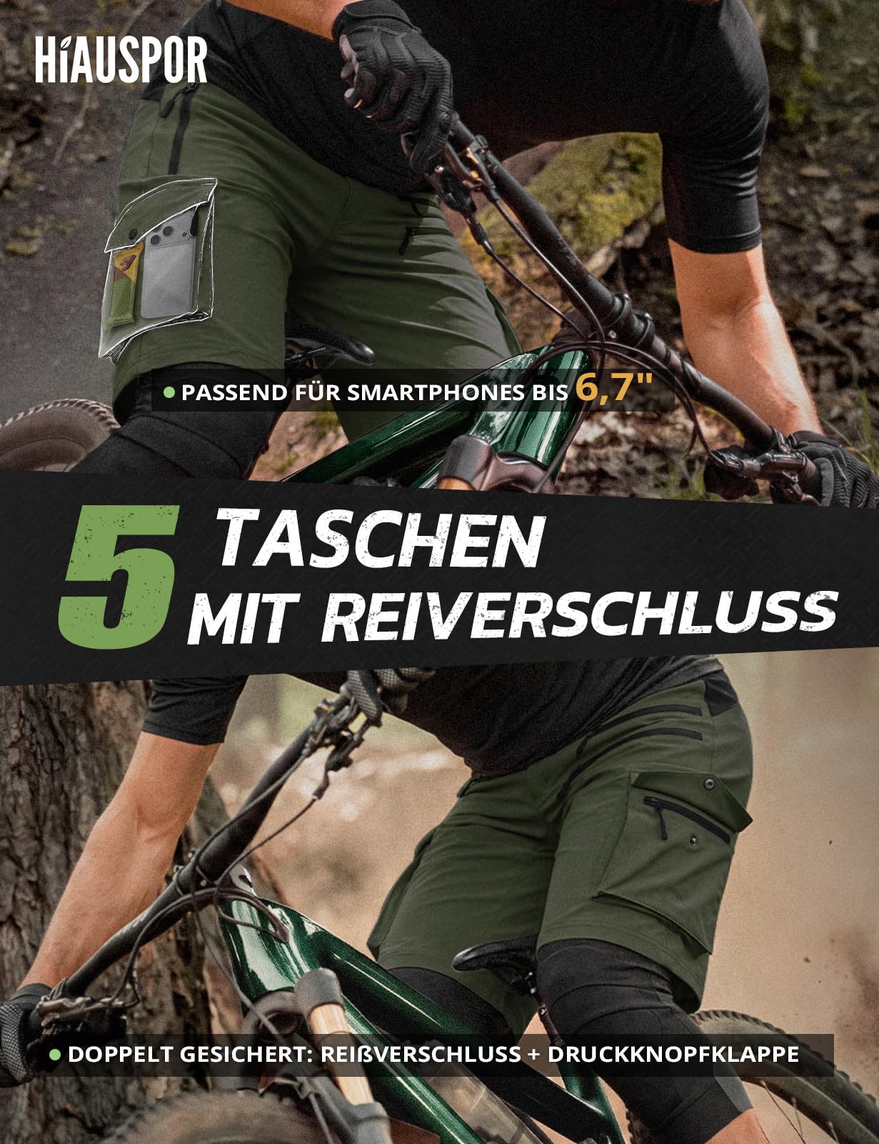 Hiauspor Pantalones Cortos de Ciclismo de montaña para Hombre, de Secado rápido, con Bolsillos con Cremallera MTB Trekking (Multi-Verde, L)