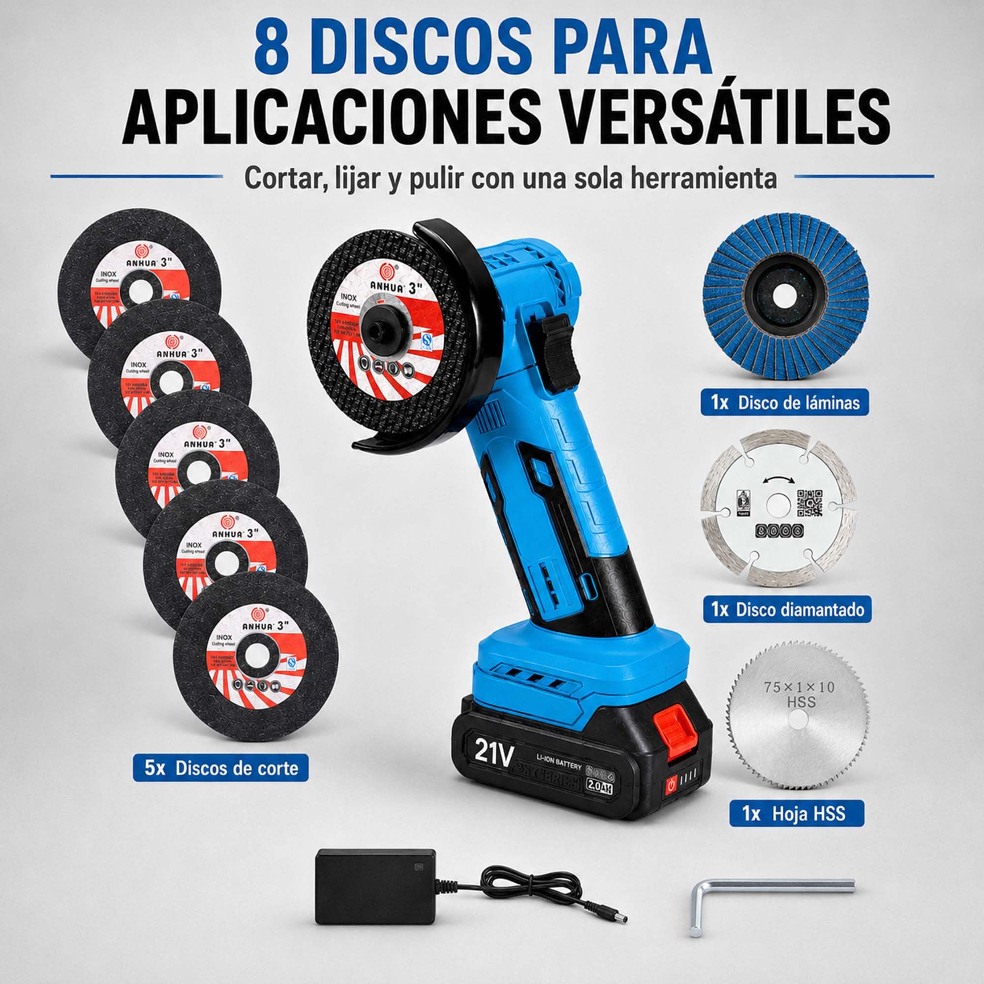 Mini amoladora 21V Max, 76 mm, sin escobillas, 2 baterías, 19.000 rpm | 8 discos para metal, azulejos, madera, plástico y PVC, ideales para cortar, lijar y trabajar distintas superficies.