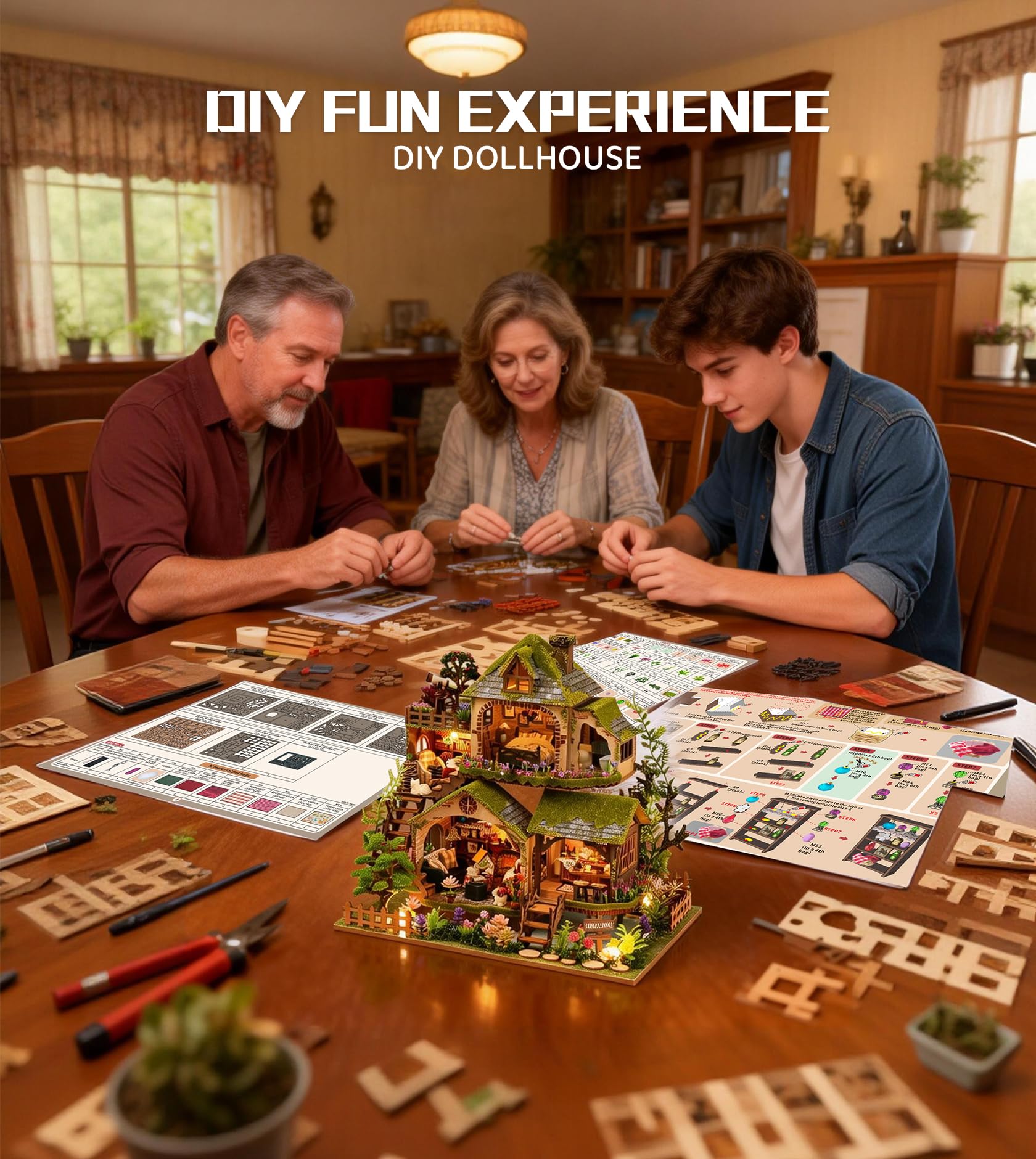 Spilay Miniatur Haus, Forest Adventures 3D Holzpuzzle mit LED | DIY Miniature House Kit für Erwachsene, Puppenhaus aus Holz mit Musik, Waldhaus Zimmer-Deko, kreatives Geschenk