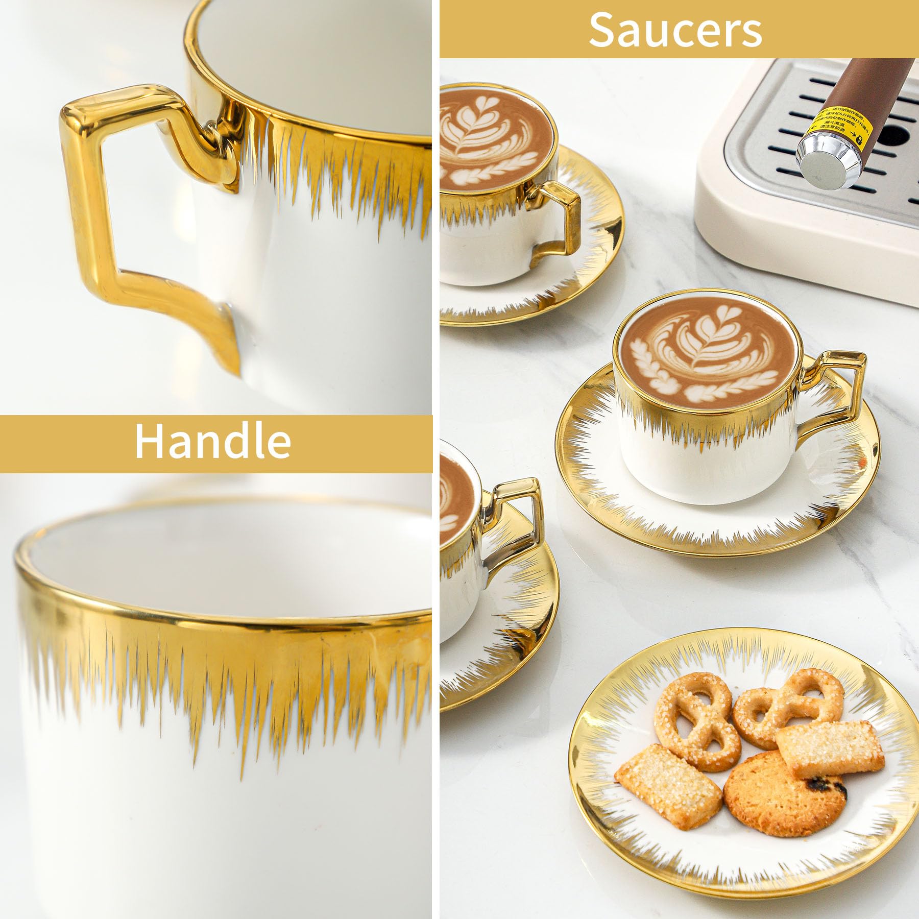 Elegancki zestaw ceramicznych filiżanek do kawy – 6 białych kubków do układania w stos, 250 ml, ze złotym wykończeniem i spodkami do tureckiej kawy