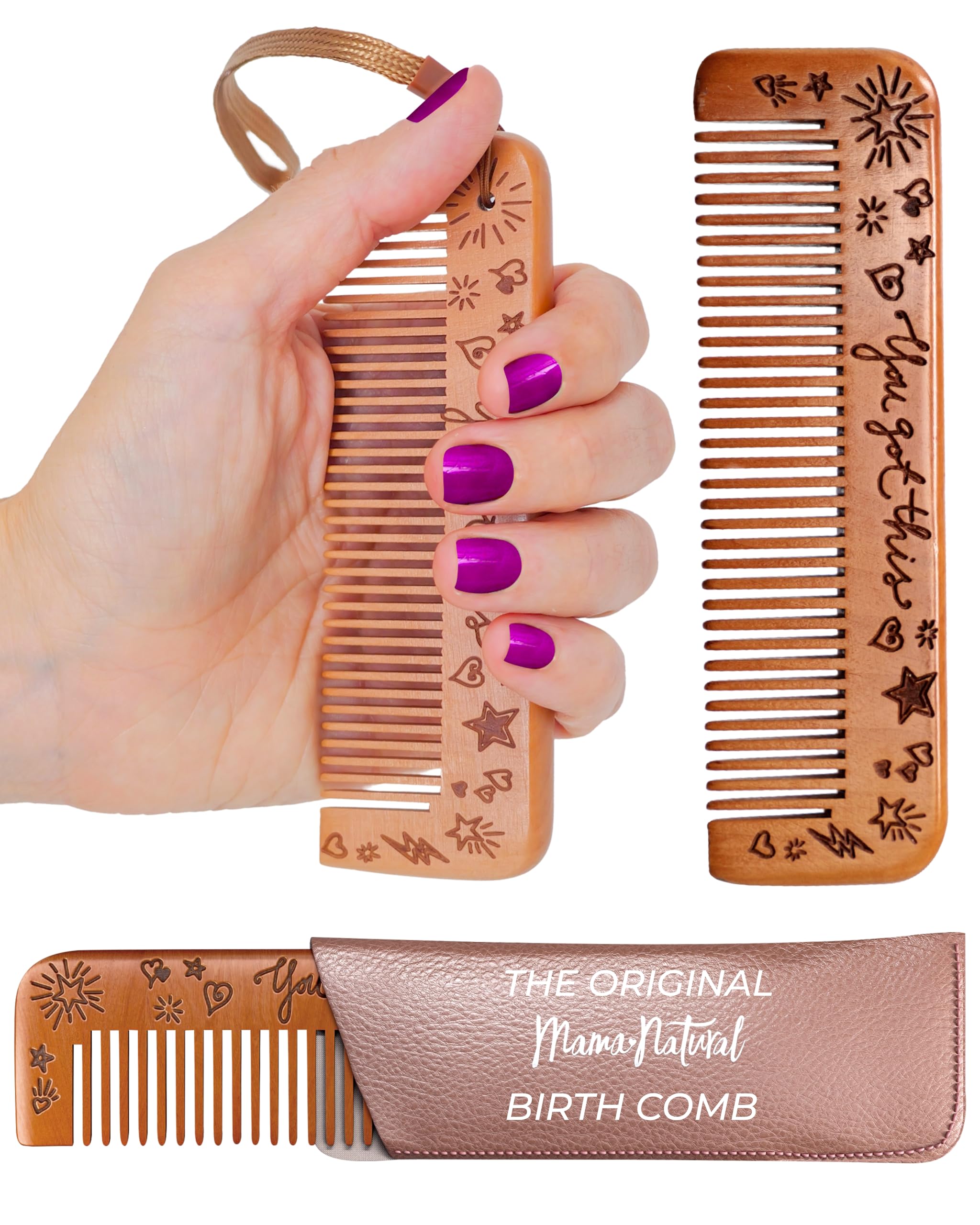 Mama Natural Birthing Comb for Work Pain Relief | WOOD COMB FOR WOMEN - Labor Essentials Pregnancy Contractions Postpartum Support | Reusable, Gifting, Acupressure Relief Tool