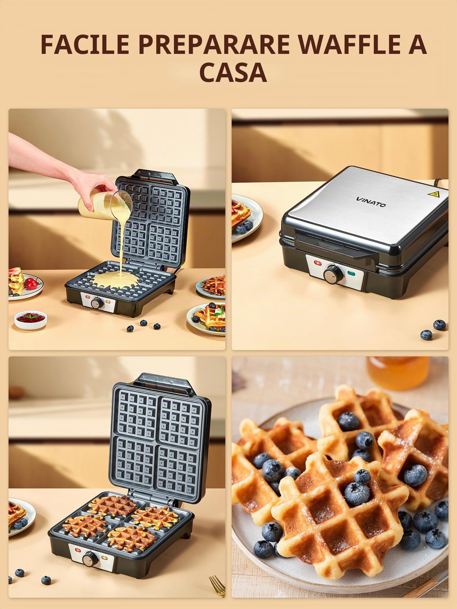 VINATO Waffle Maker, Macchina Waffle per 4 Waffel, 1200W Calore Rapido e Stabile, Piastra Waffle con Rivestimento Antiaderente Delle Piastre Riscaldanti, Regolazione Continua Della Temperatura