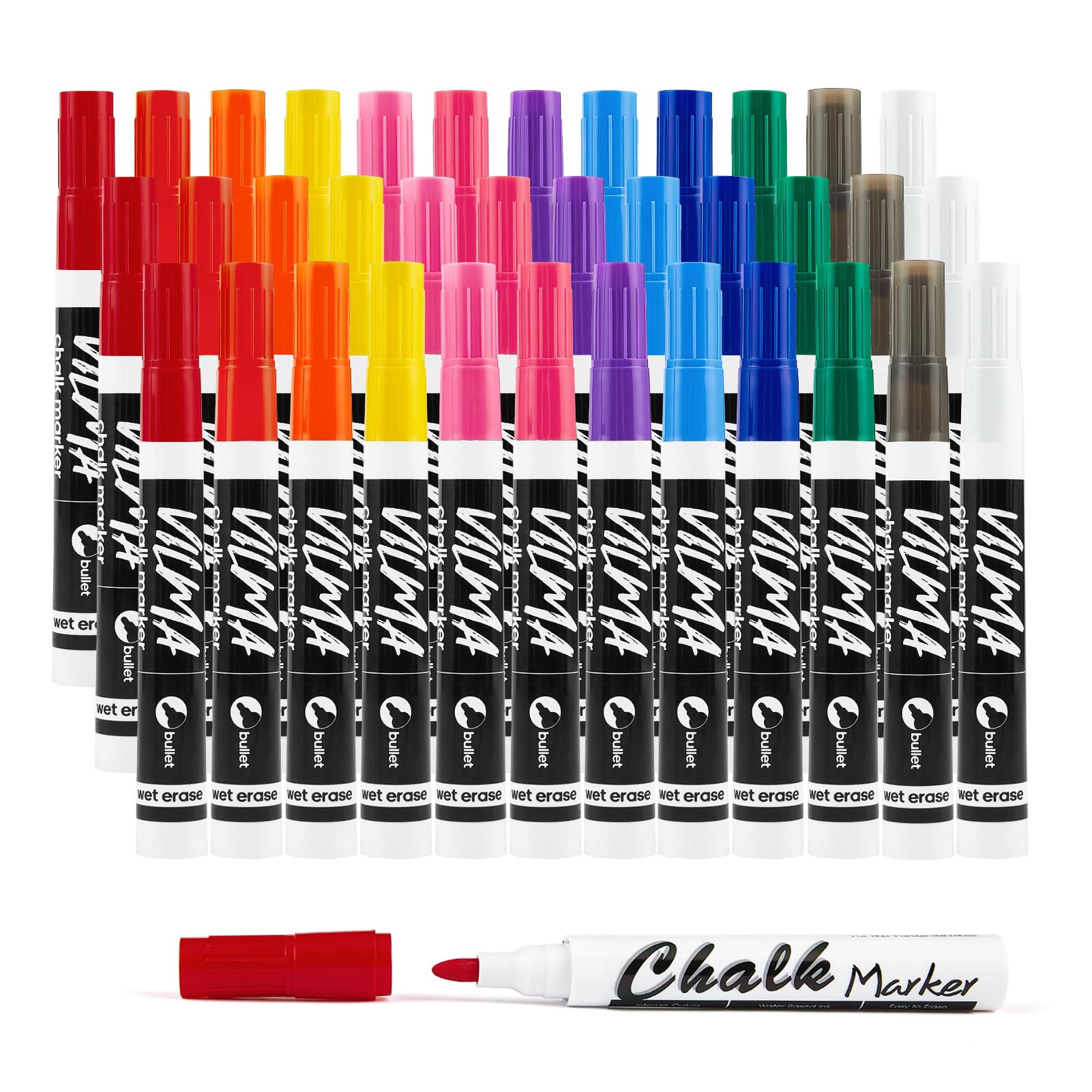 Vilma Liquid Chalk Pens Markers 36 Pack, Vibrant Opaque Ink, Easy to Erase for Glass, Windows, Mirrors and Chalkboards,12 Colours