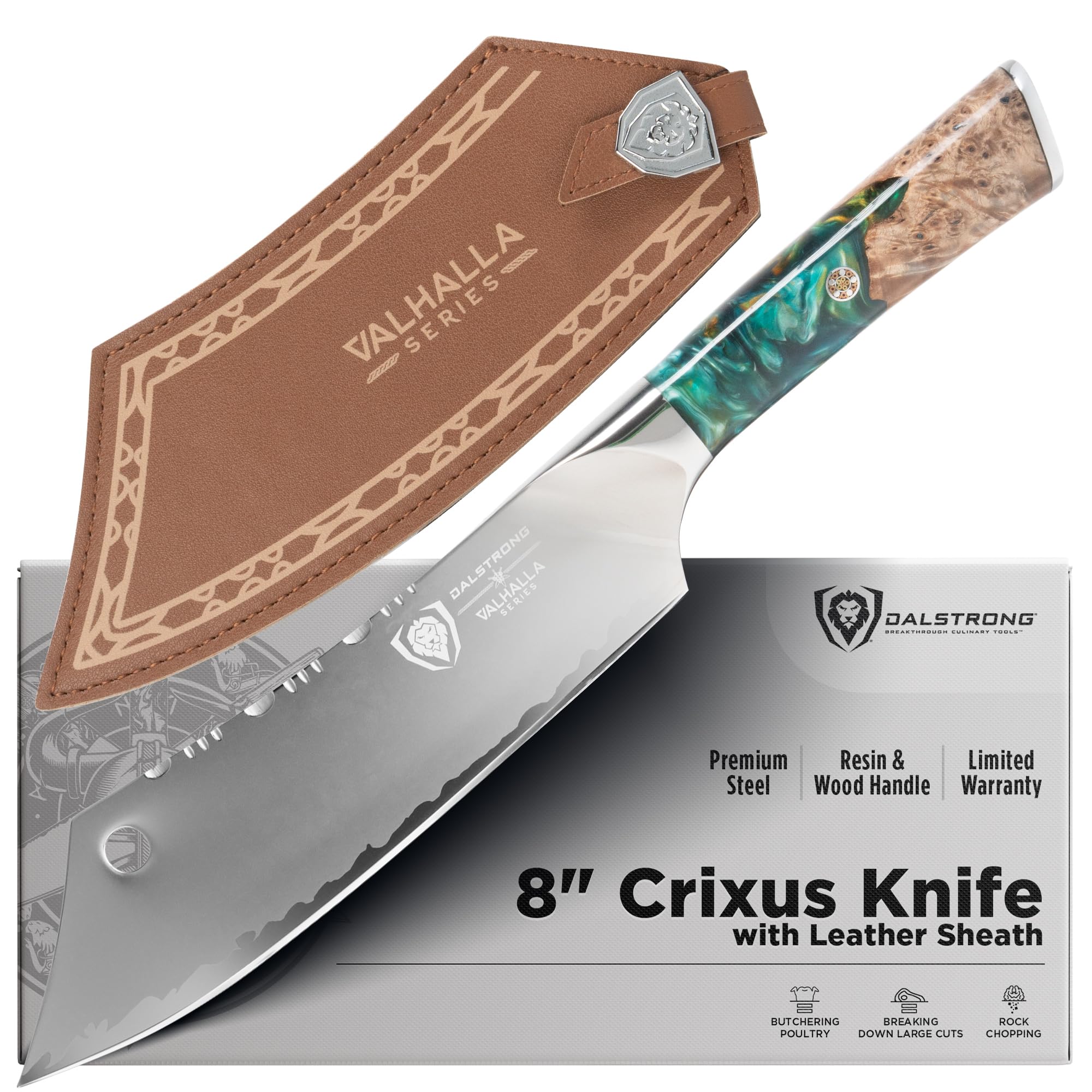 Chef & Cleaver Hybrid Knife - The 'Crixus' - 8 inch - Valhalla Series - 9CR18MOV HC Steel - Resin & Wood Handle - Razor Sharp Chef's Knife - w/Leather Sheath