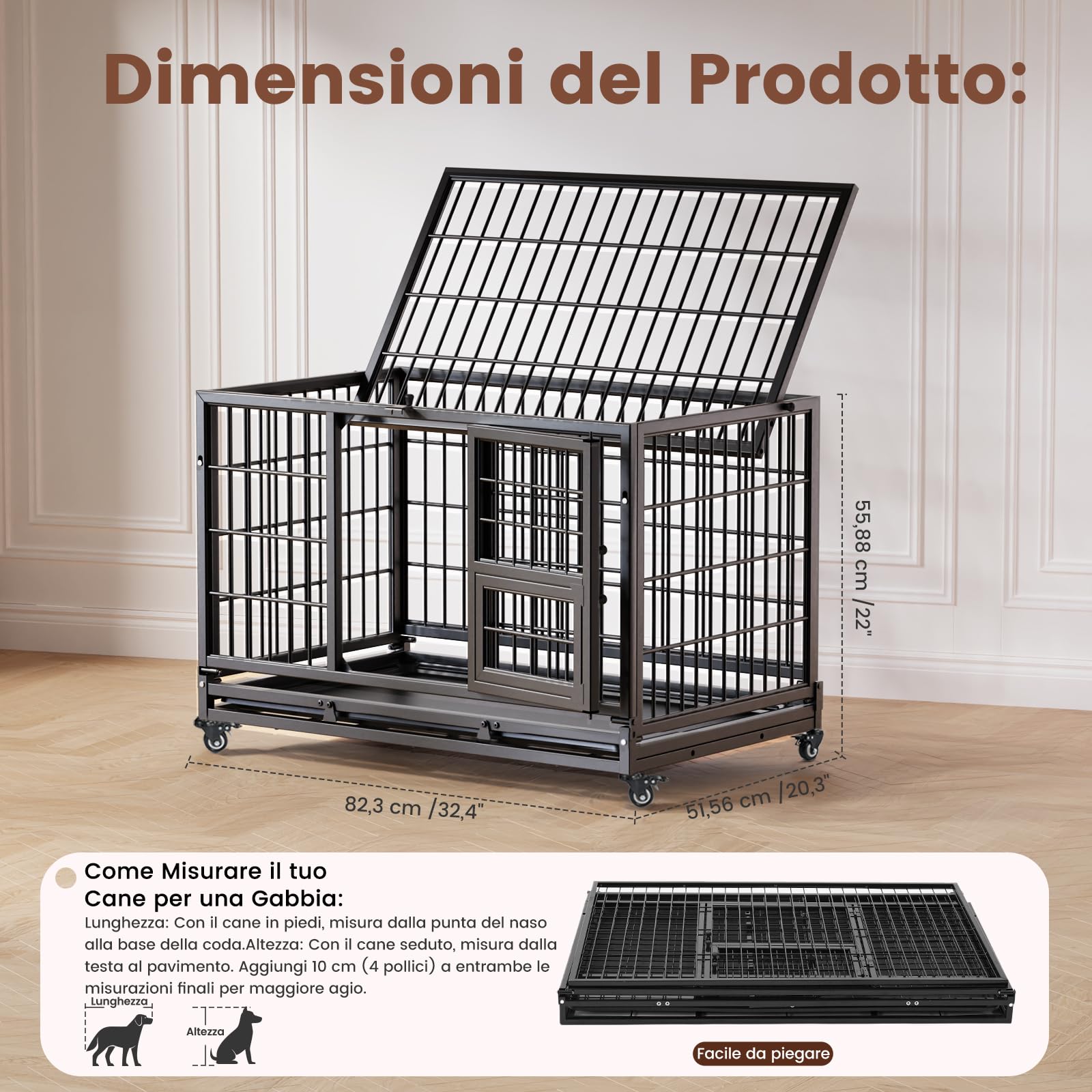 Gardner Pet Gabbia Pieghevole Per Cani Con 3 Porte, 82 X 52 X 56 Cm, Gabbia Da Trasporto Con Struttura Metallica Resistente, Dotata Di Freno E Fondo Rimovibile, Impilabile, Nero