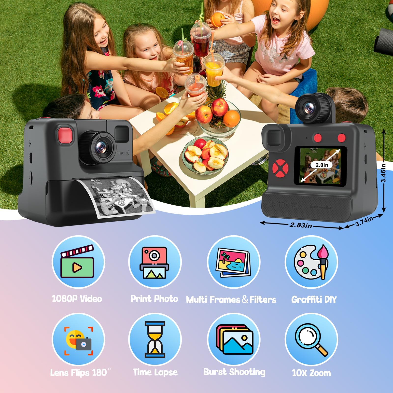 GREENKINDER Macchina Fotografica Bambini Istantanea, 1080P Macchina Fotografica Bambini con Lente 180° Flip, Scheda 32GB & Carta da Stampa, Regali di Natale Compleanno per 3-12 Ragazze Ragazzi