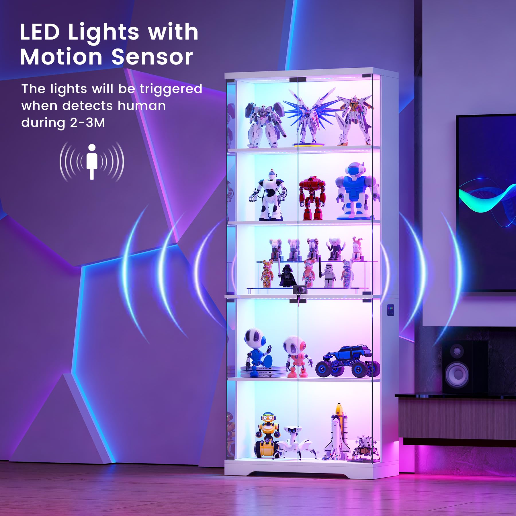 TAGELIER 175cm Glasvitrine mit RGB LED, 5 Ebenen Vitrine für Sammlerstücke & Figuren, abschließbarer Vitrinenschrank für Bücher, Weiß