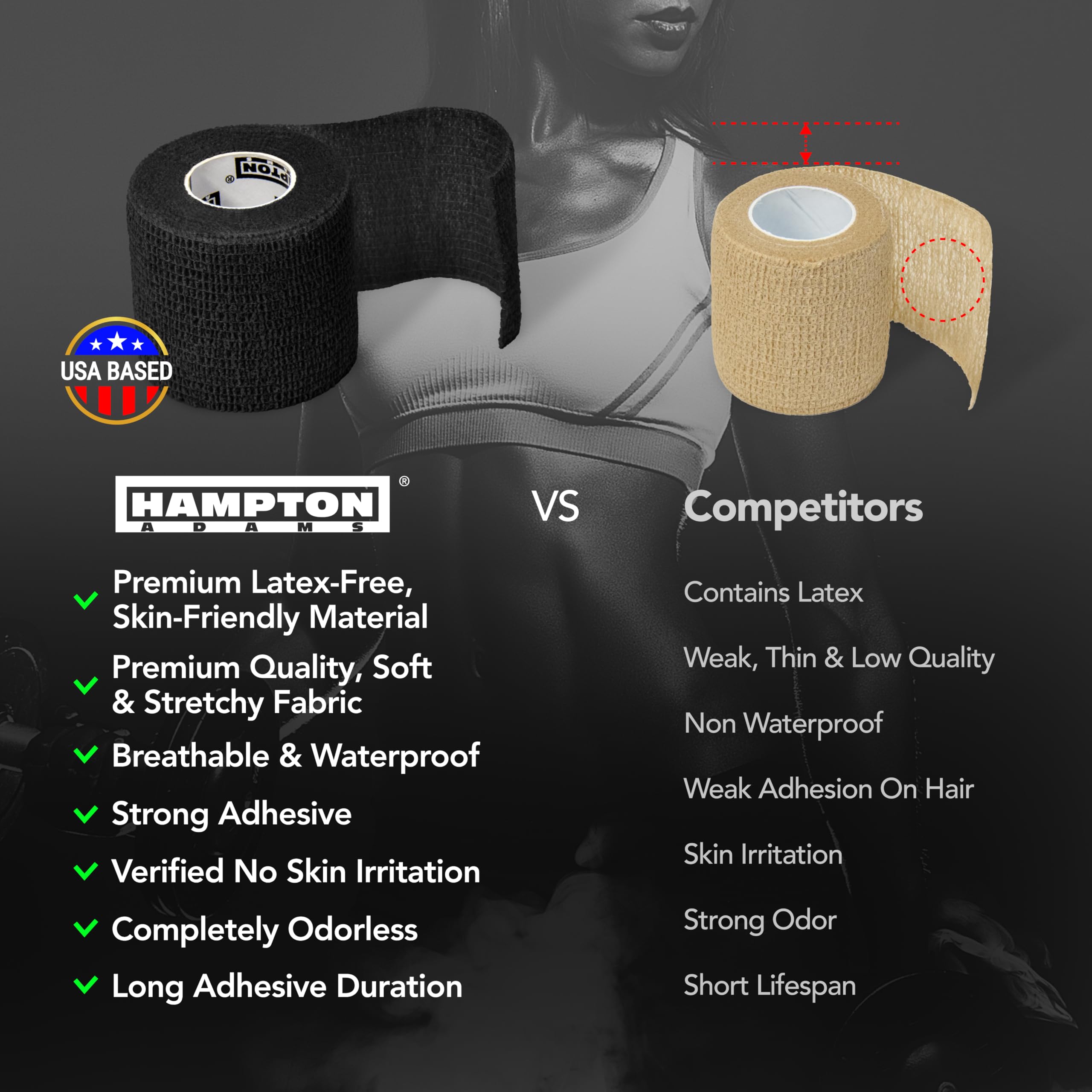 Hampton Adams (Confezione da 14) 2 "x 5 iarde | Fasciatura autoadesiva nera - Fasciatura autoadesiva traspirante per persone e animali domestici - Benda coesiva elastica atletica