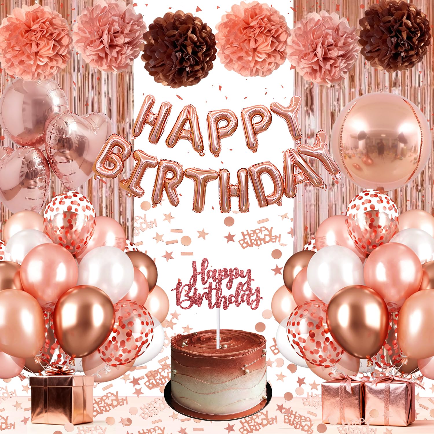 Birthday Decorations, Rose Gold Birthday Decoration for Women Girls, Party Decorations with HAPPY BIRTHDAY Balloon Banner, Rose Gold Fringe Curtain, 4D Foil Balloons, Heart Circular Balloon, Pom Poms