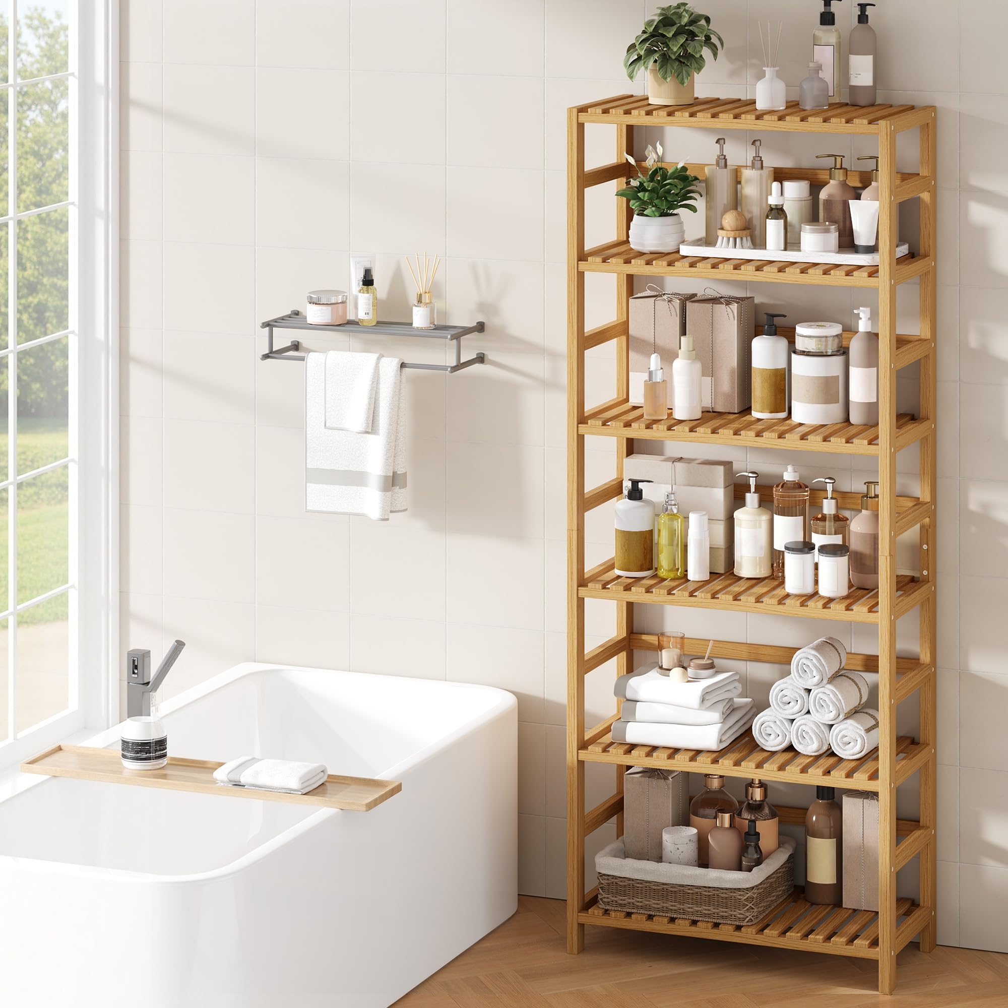 FOREHILL Estantería Bambú Baño de 6 Niveles, Estanterías Almacenaje Cocina | Eestantería Baño, Estantería de Almacenamiento, para Espacios Estrechos, 11 Posiciones Ajustables, Natural/Blanco 60x26x161cm