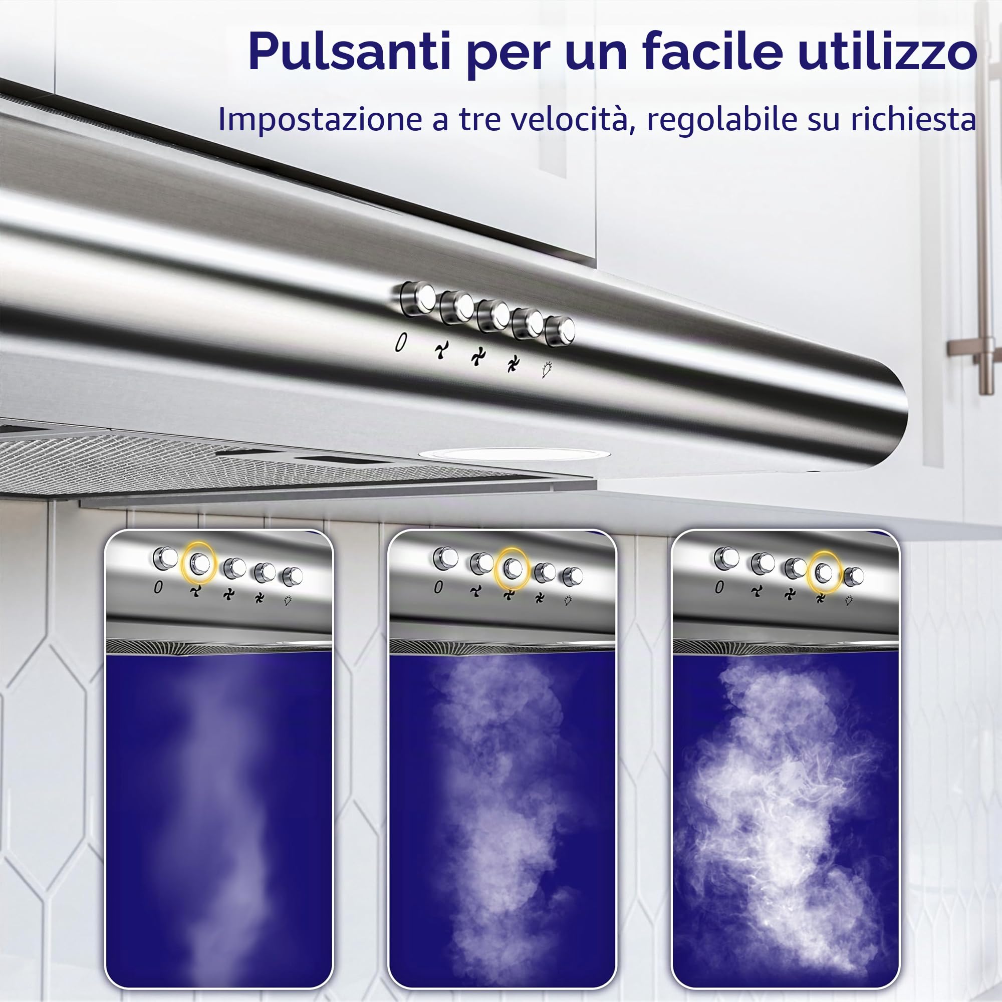 FIREGAS Cappa aspirante 60 cm per ricircolo o scarico, cappa aspirante 60 cm con motore senza spazzole e 3 livelli di potenza, potenza aspirante 250 m³/h, in acciaio inox