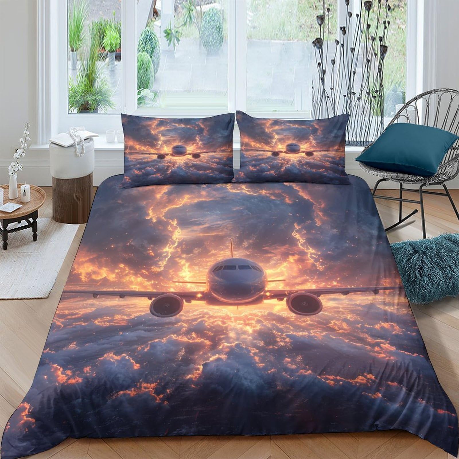 GPLZQXKJNH 3D Printed Sunset Airplane Duvet Cover Microfiber Soft Breathable Cloudscape Bedding Set with 2 Pillowcases for Bedroom Decor Single（135x200cm）