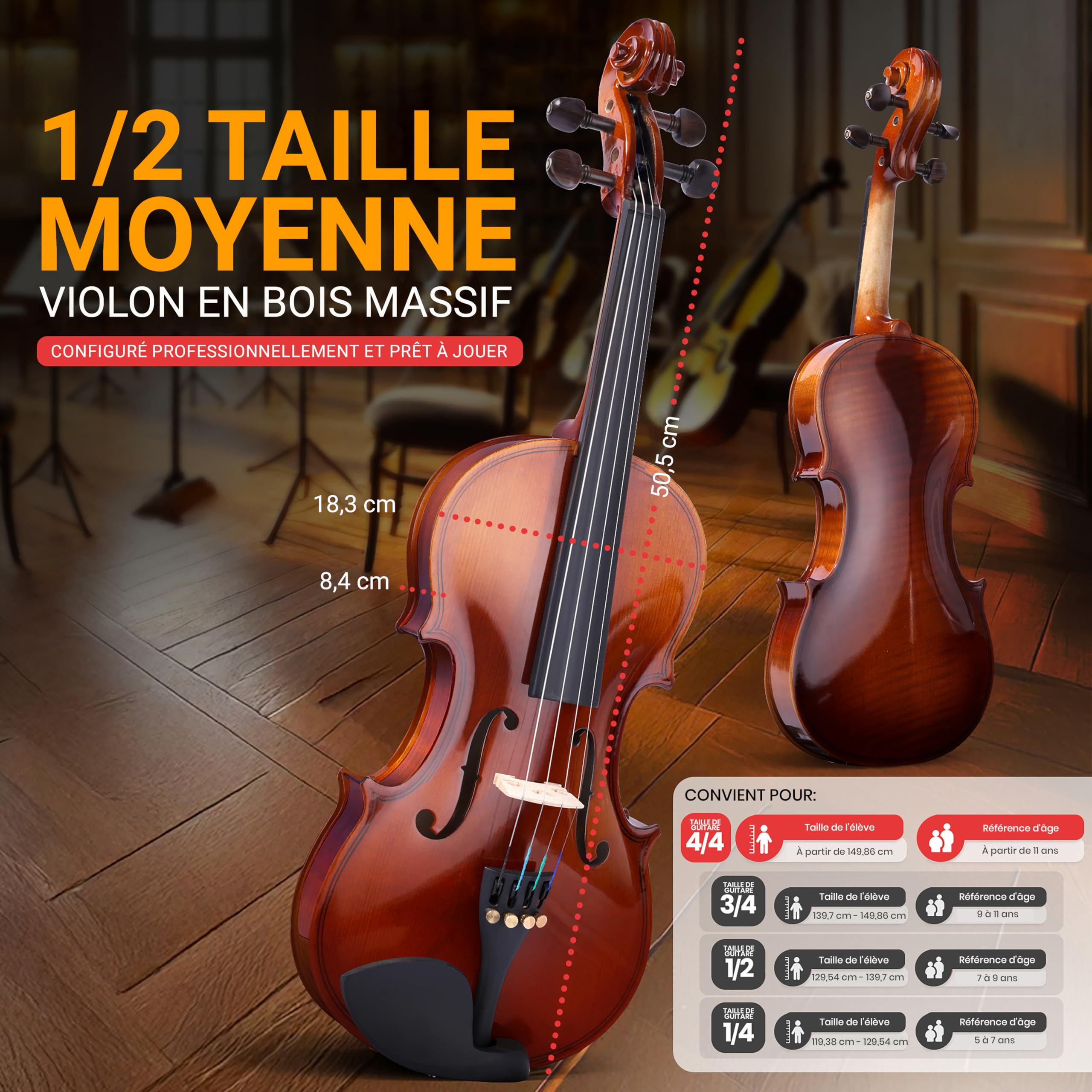 Pyle Kit de Démarrage pour Violon Débutant Taille1/2, Violon Enfant/Adulte,Ensemble de Départ avec Étui de Transport, Cordes de Rechange, Accordeur Numérique, Repose-Épaule et Chiffon de Nettoyage