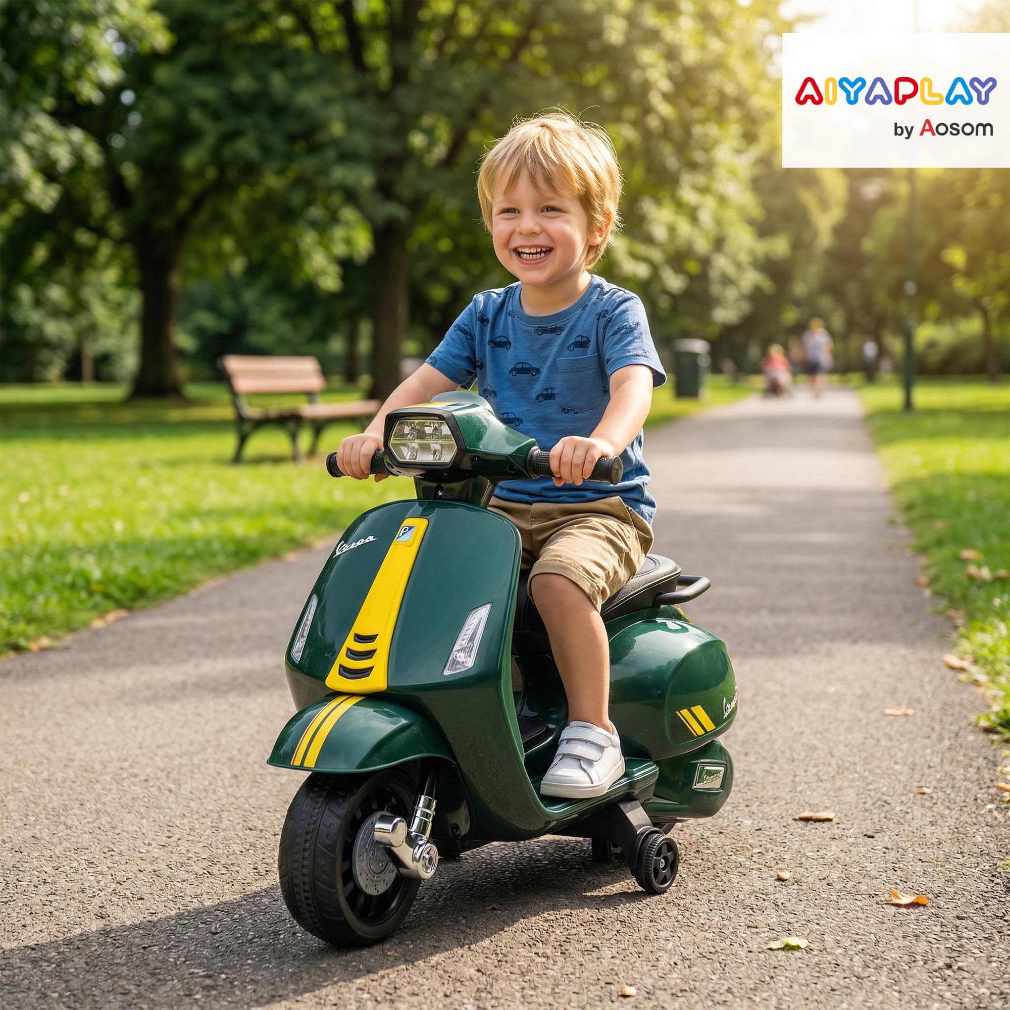 AIYAPLAY Moto Eléctrica para Niños 6V, Vespa con Licencia Oficial, con Ruedas de Aprendizaje de 17,5 cm, Velocidad 2,5 km/h, Faro y Bocina, para 2-6 Años, Verde Oscuro