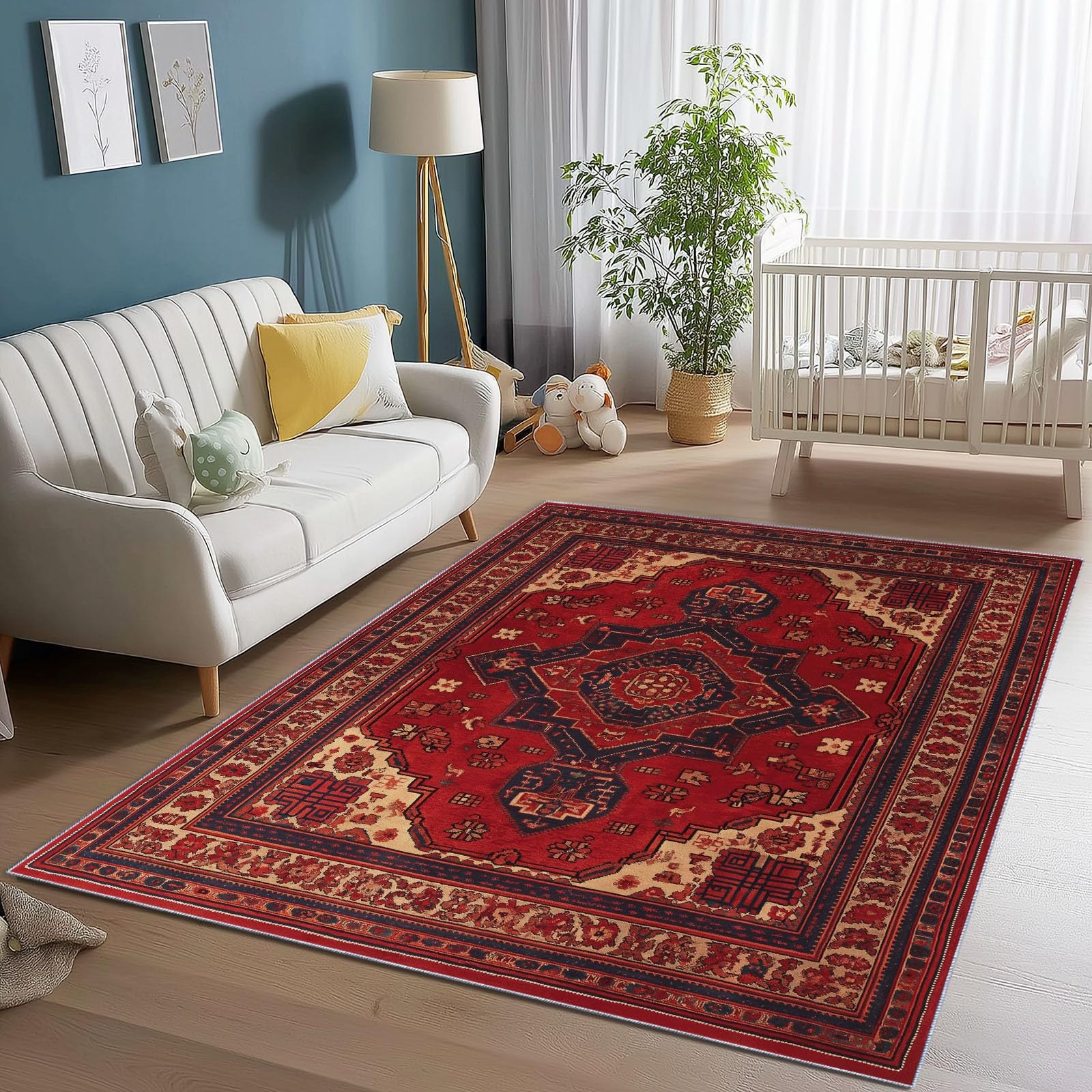 Niedriger Stapel Teppich Antirutschunterlage 120 x 180 cm, Traditionell Persischer Stil Geometrisch Floral Teppich Wohnzimmer, Rot Teppiche Waschbar für Küche, Flur, Schlafzimmer, Spielzimmer