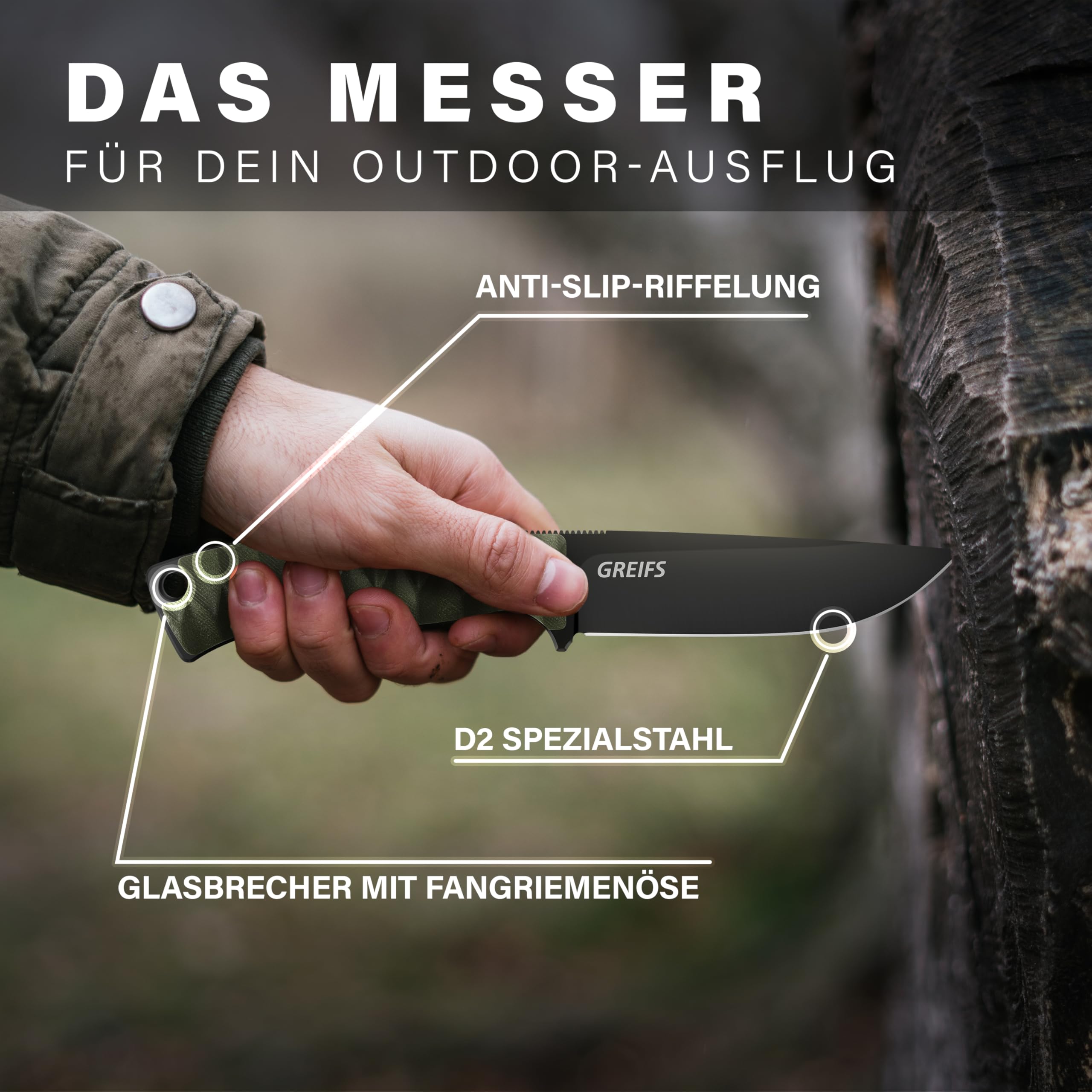 GREIFS® Outdoor-Messer aus D2 Stahl mit Kydex Holster und Feuerstahl, edles Survival Messer für die Bushcraft Ausrüstung, Jagdmesser, Schnitzmesser, Fahrtenmesser (Ranger/Olivgrün)