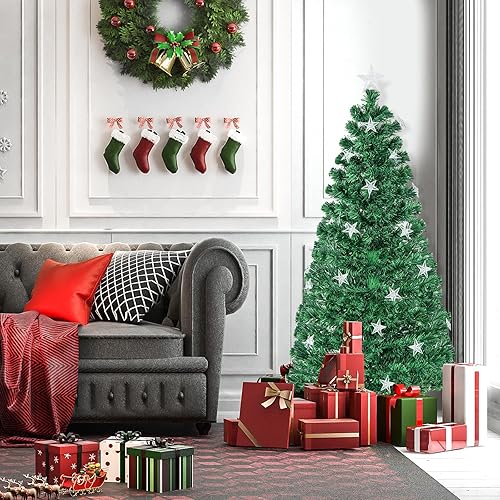 Miniatura 9 de GOFLAME Árbol de Navidad preiluminado de 5 pies, árbol de Navidad de fibra óptica artificial con luces blancas cálidas, 8 modos de luz, 21 luces de