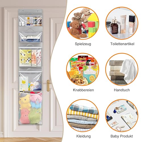 Miniatura 8 de Organizador y almacenamiento para colocar sobre la puerta, soporte de juguetes colgante con 4 bolsas extraíbles transparentes, funda de pared para