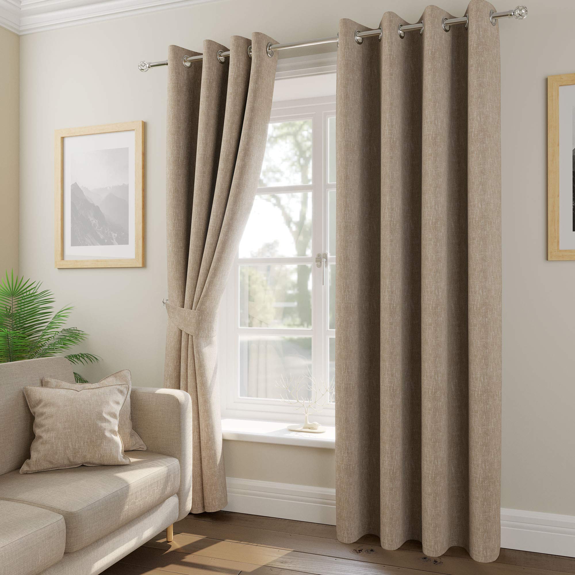 Tatton Beige Weave Effect Lined Ring Top/Eyelet Curtains. Four Sizes, Cushion Covers & Tie Backs Also Available (66" X 90")