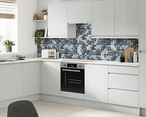 Miniatura 5 de Azulejo de vidrio azul blanco para cocina, baño, pared contra salpicaduras, mosaico con patrón de Versalles Juego de 5