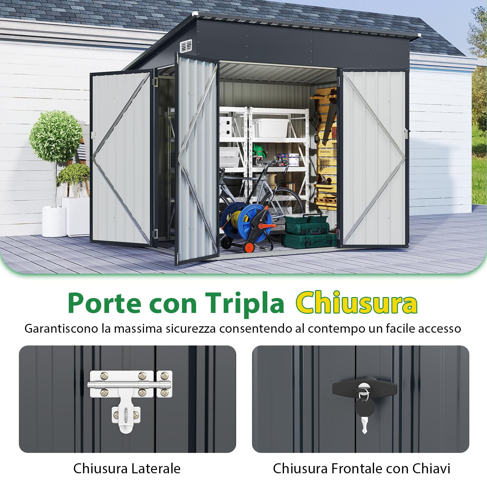 COSTWAY Capanno da Giardino 235 x 174 cm, Casetta Porta Attrezzi da Esterno in Acciaio Zincato con 3 Porte Bloccabile, Tetto Inclinato e Prese d'Aria, Ideale per Cortile e Patio