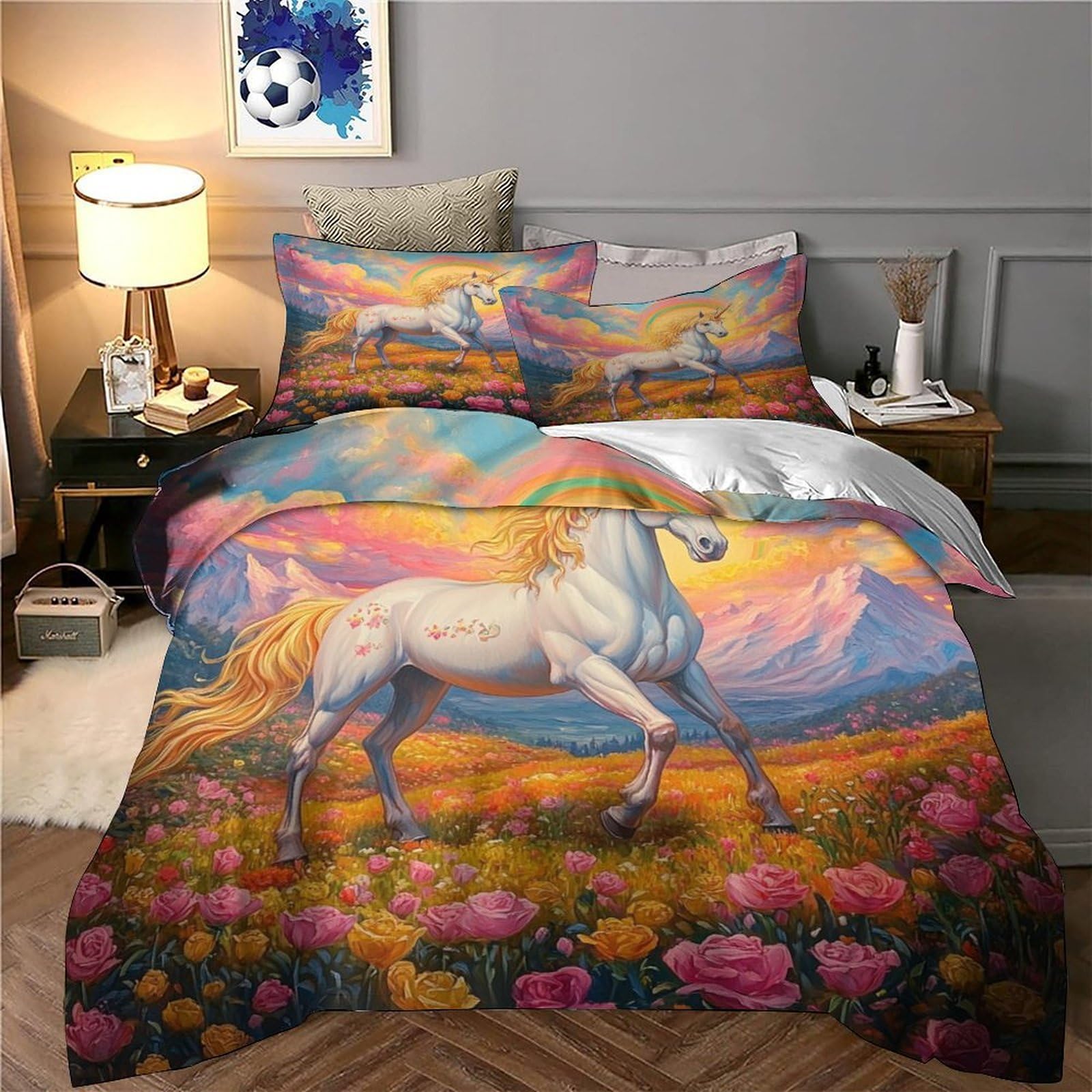 Fantasia di unicorno Impressione 3D 3 pz fodera per edredone Arte di creature mitiche coperteletto microfibra traspirante antiacari per ragazzi adolescenti uomini King（220x240cm）