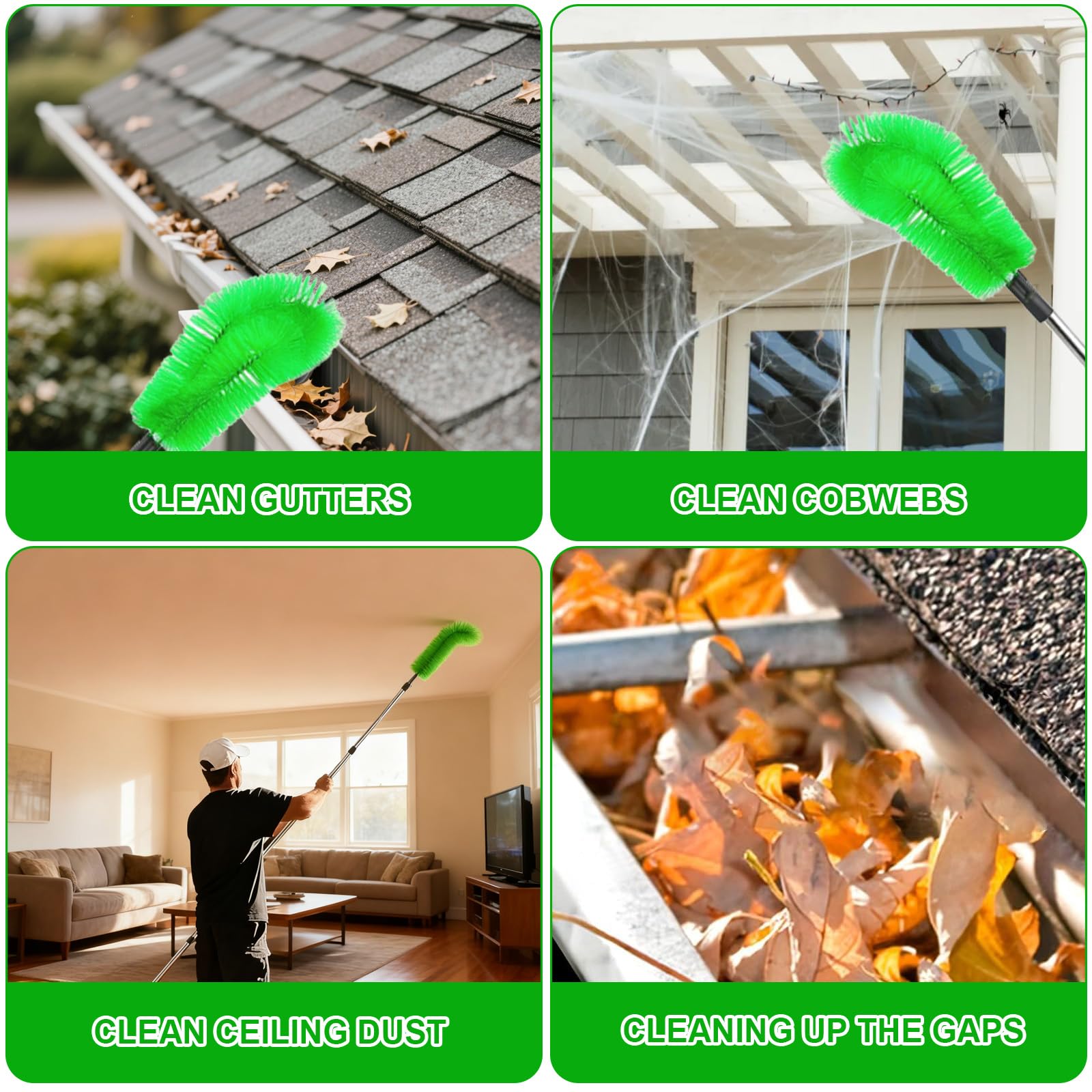 Perche Telescopique Nettoyage Gouttiere 2 en 1, 390 CM Nettoyeur Gouttiere avec 10 Tiges + 2 Têtes+1 Râteau à Feuilles, Perche Telescopique Nettoyage Toiture pour Feuilles, Fenêtres, Toits Descente