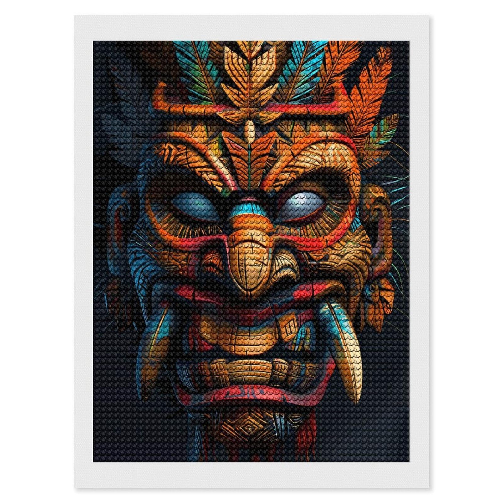 Junmoney Indigenous Tribe Tiki Mask Diamond Painting Set 12"x16", Sparkling Round Gems, Decorate Your Room, Fun Craft Experience, Modern Decor