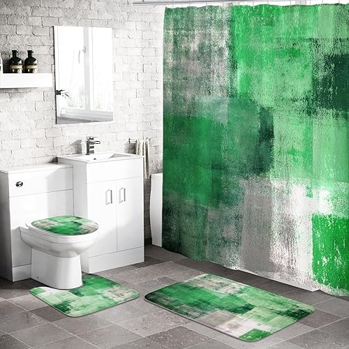 MitoVilla Juego de 4 cortinas de ducha verde esmeralda con alfombras para decoración de baño, juegos de baño degradados con cortina de ducha y