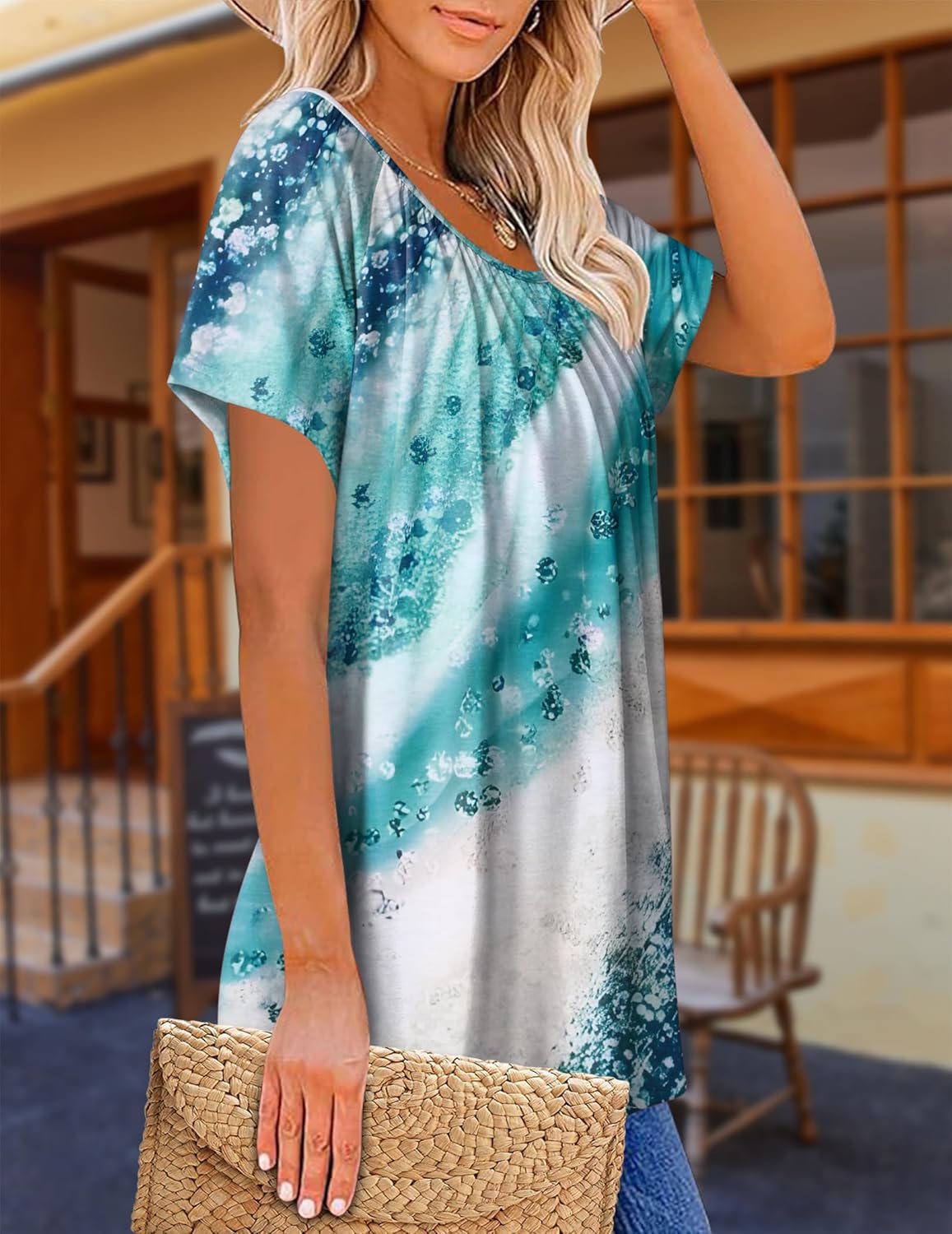 HOTOUCH Womens Summer Tunic Tops Short Sleeve Shirts Crewneck Casual Blouse Loose Pleated Tops S-XXXL - Image 4