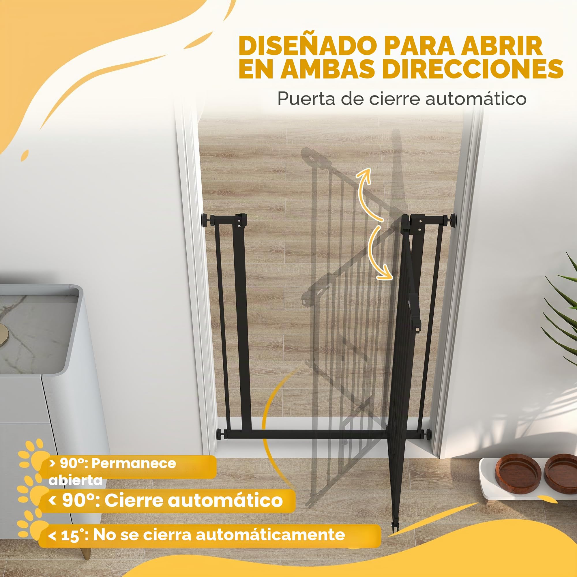 PawHut - Barrera de seguridad para animales de 104 cm, diseño alto, con puerta de gato, cierre automático, sistema de doble bloqueo sin perforación, 74 a 80 cm, acero negro | Diseño alto, cierre automático, sistema de bloqueo doble, sin perforación, acero