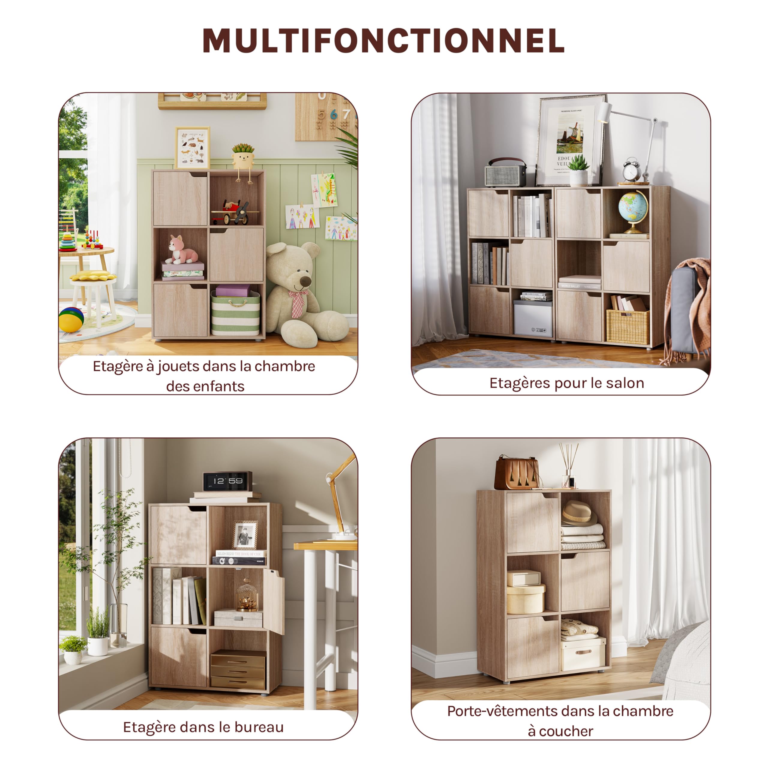 WOLTU Bibliothèque Armoire Etagère de Rangement 59,6x29x91cm en MDF pour Salon Bureau avec 3 Portes 6 Compartiments,Chêne Clair