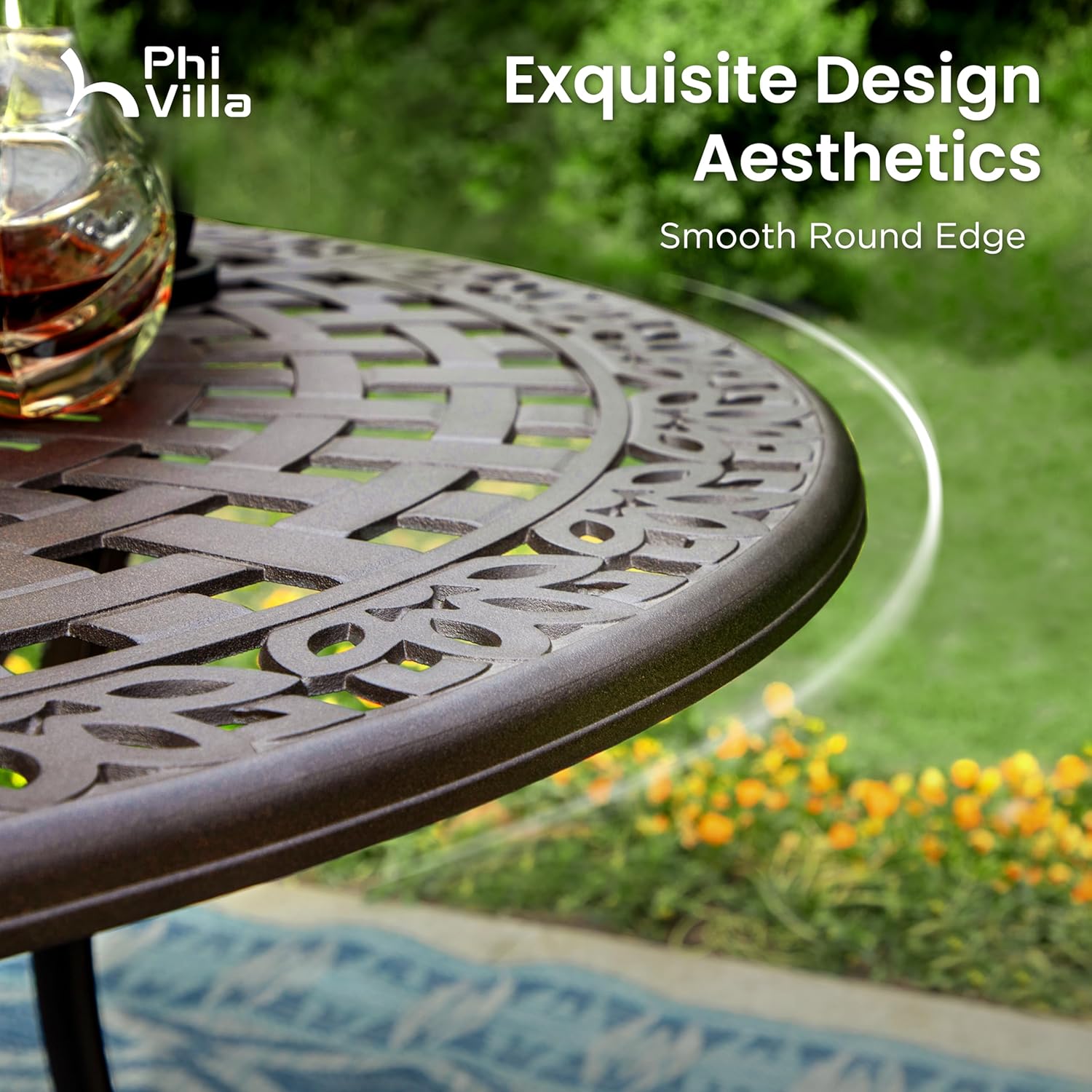 PHI VILLA 7 Pieces Outdoor Cast Aluminium Dining Set for 6, 54" Round Patio Table with Umbrella Hole & Heavy-Duty Swivel Chairs with Cushions, Large Outside Furniture Set for Deck, Porch - Brown