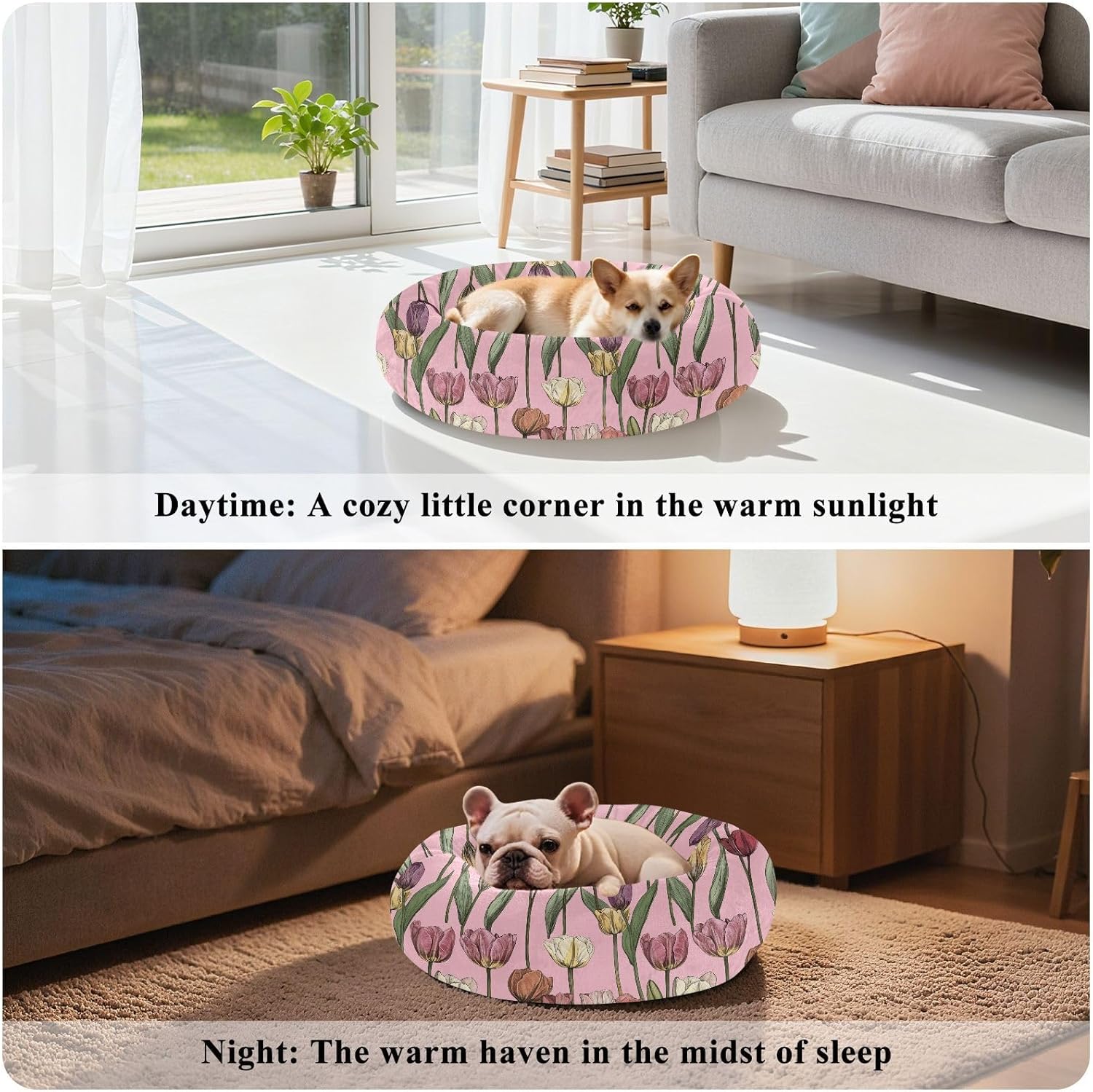 Pet Dog Beds Anxiety Relief Fluffy Cat Pillow Bed for Small Size Pets Sleeping M Safaris Tulips Pink