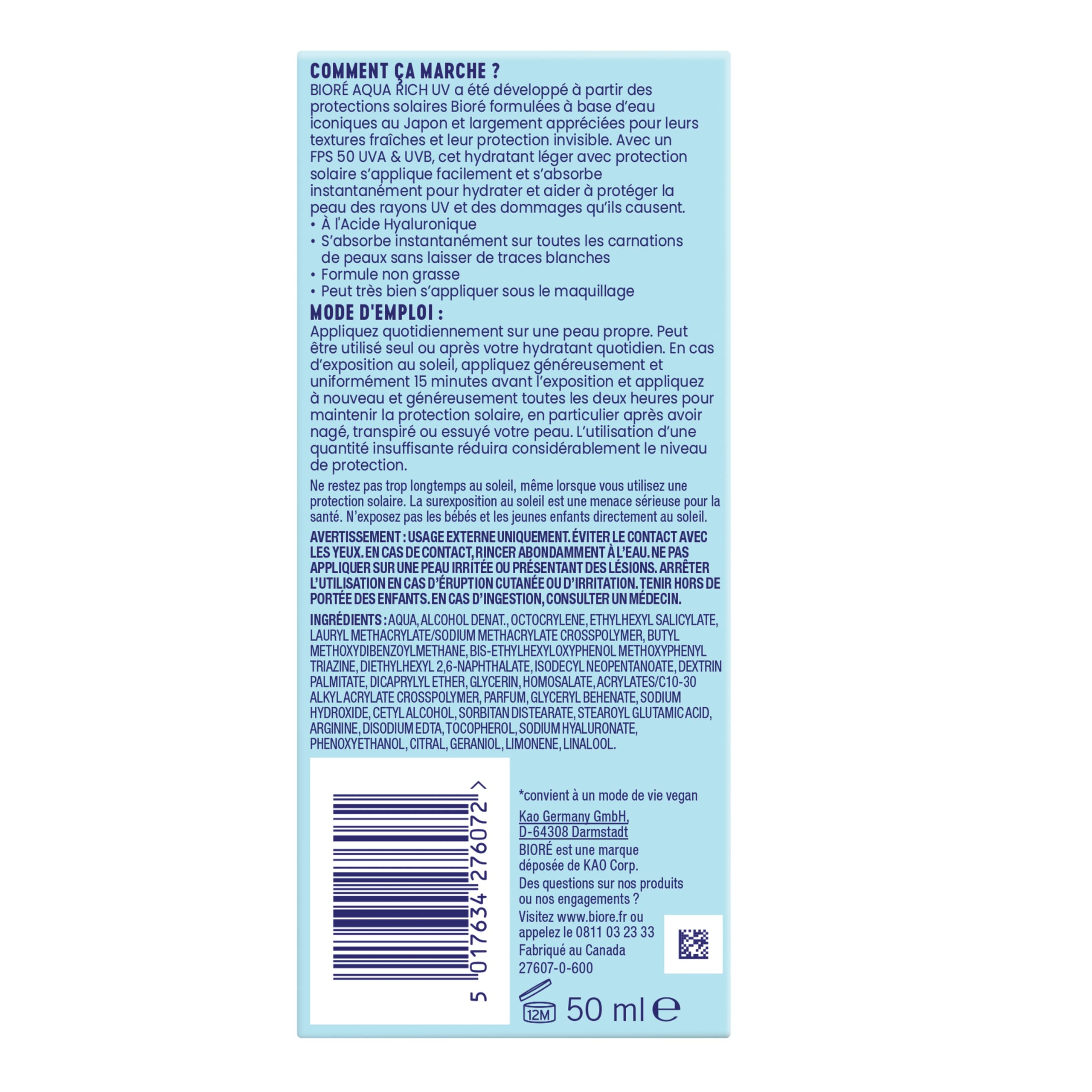 BIORÉ Aqua Rich UV FPS50 PA++++ - Haute Protection UV au Quotidien & Hydratation - Crème solaire visage - Acide hyaluronique - Texture non grasse et invisible - Tous types de peaux et carnations