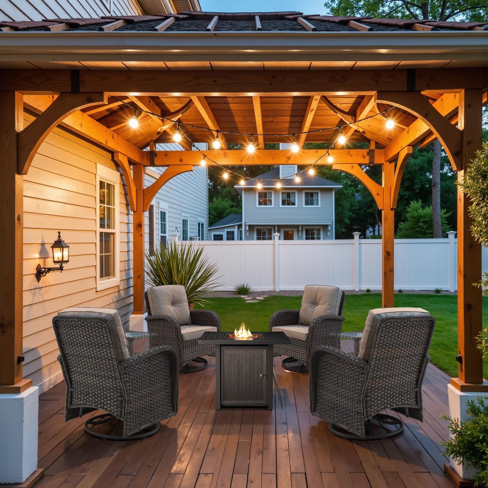 Belord 7 Piece Wicker Patio Furniture Set with 30" Fire Pit Table - Outdoor Swivel Rocker Chairs Set of 4 with Glass Side Tables Set of 2, Patio