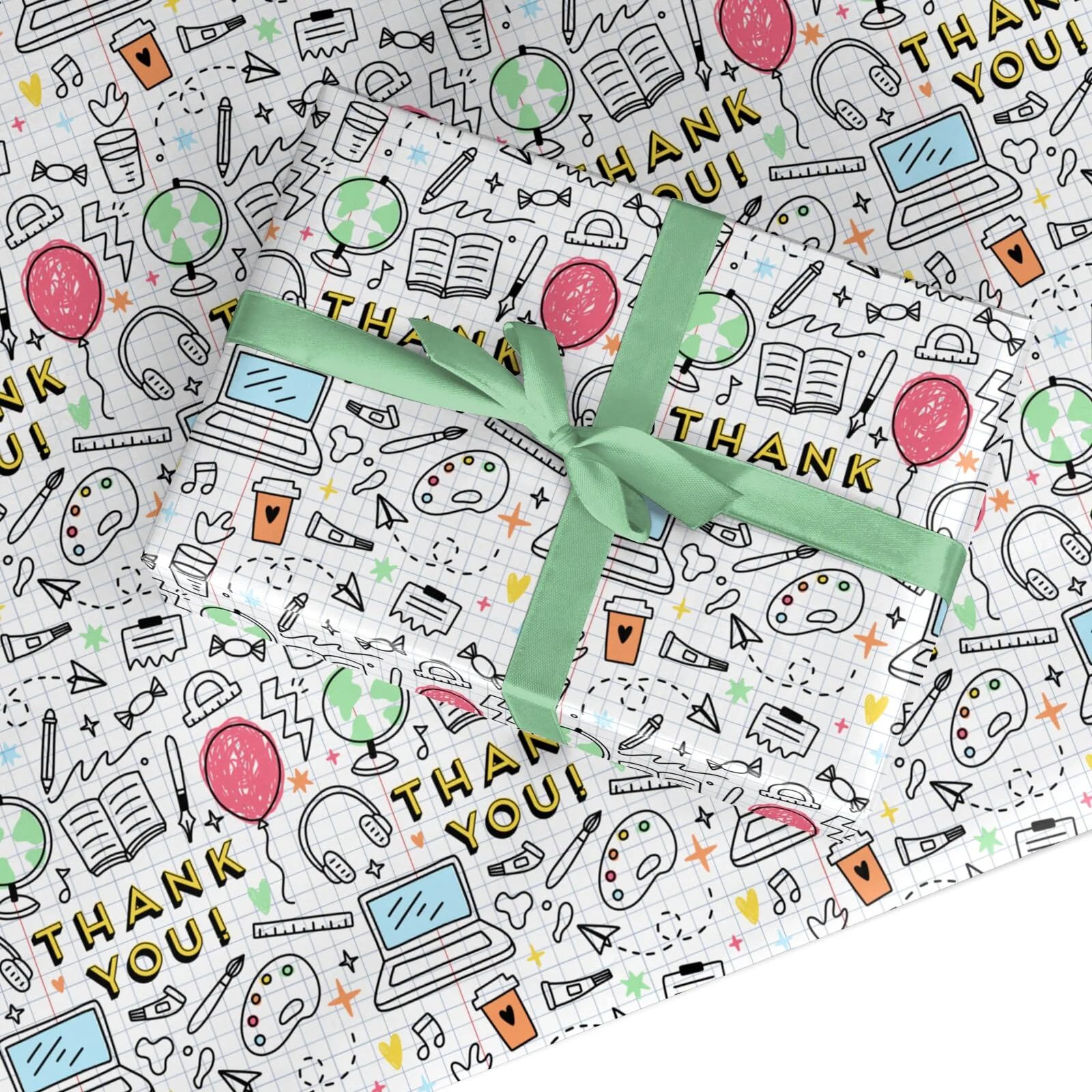Thank You Teacher Wrapping Paper β Gift Wrap with School Doodle Appreciation Design β For Women, Men β For Thank You, Graduation, End of Term β by Dyefor - 3 Sheets (50cm x 65cm each)