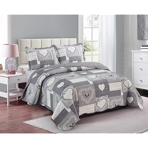 Brilliant Sunshine Heart Love Quilt Set, 3-Piece Bedding Sets with 2 Shams, Patchwork Design, Washable and Reversible Bedspread, Soft Lightweight Coverlet, All-Season, Full/Queen, Grey