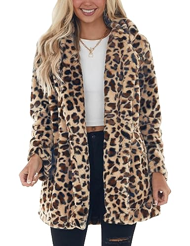 Omoone Women's Faux Leopard Coat with Pockets - Beigebrown
