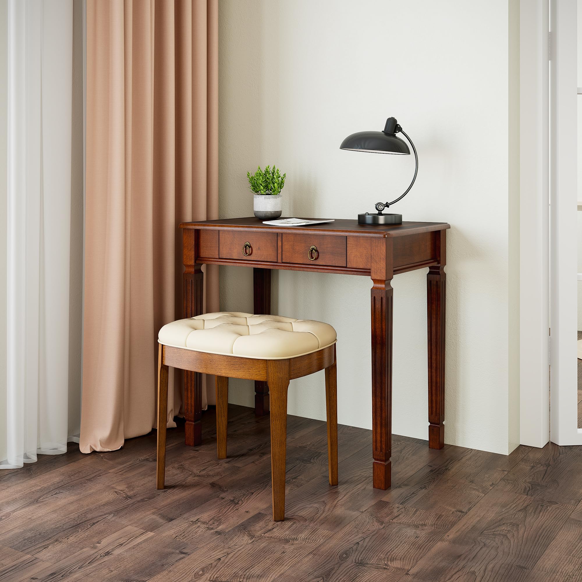 Biaco Small Wood Makeup Vanity Desk Set, Vintage Table + Padded Bench Stool