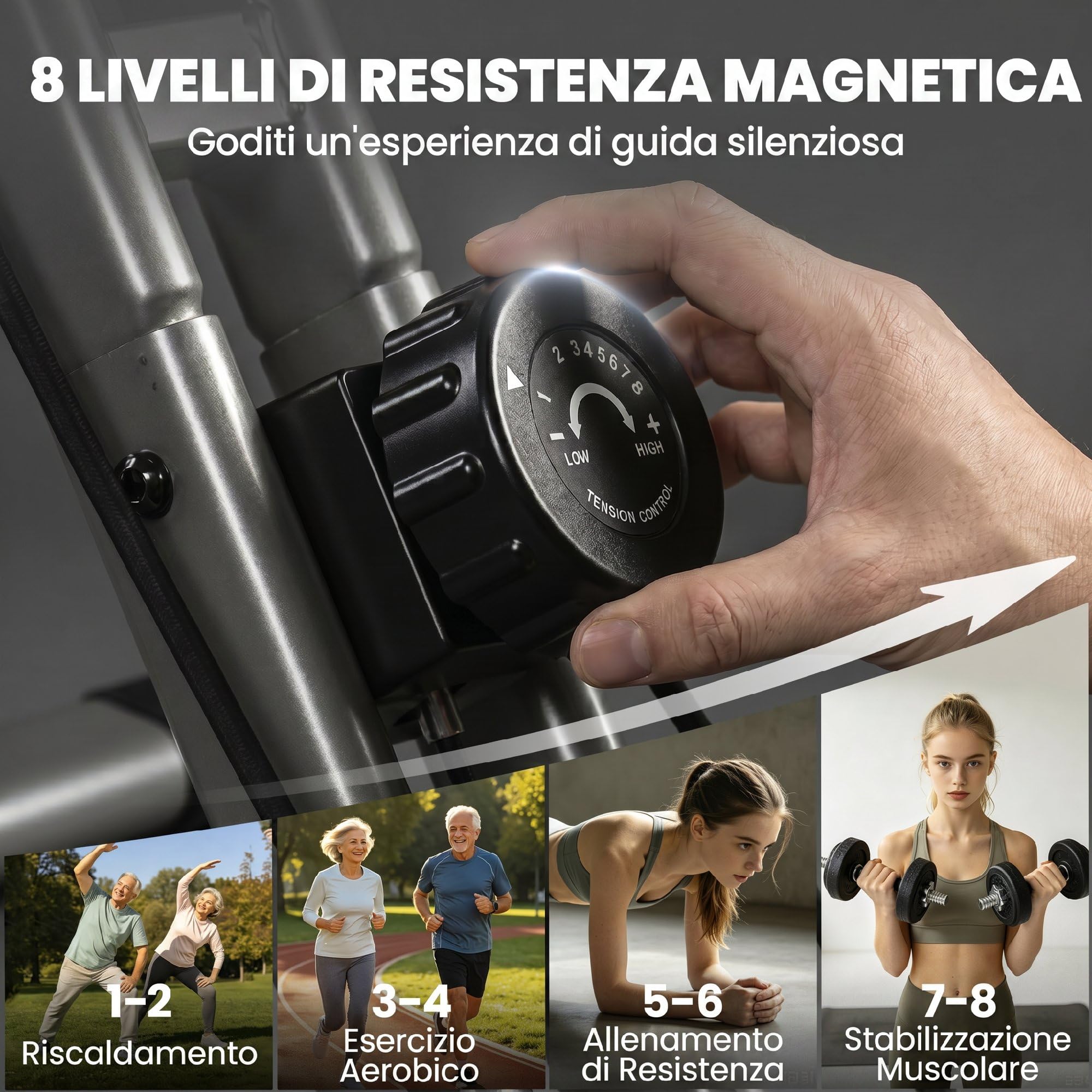 SPORTNOW Cyclette da Casa Pieghevole 3 in 1 con App Bluetooth, Cyclette da Camera con Banda Elastica, 8 Livelli Resistenza Magnetica, Sedile Regolabile, Display LCD, Sensore Cardiaco, Portatelefono