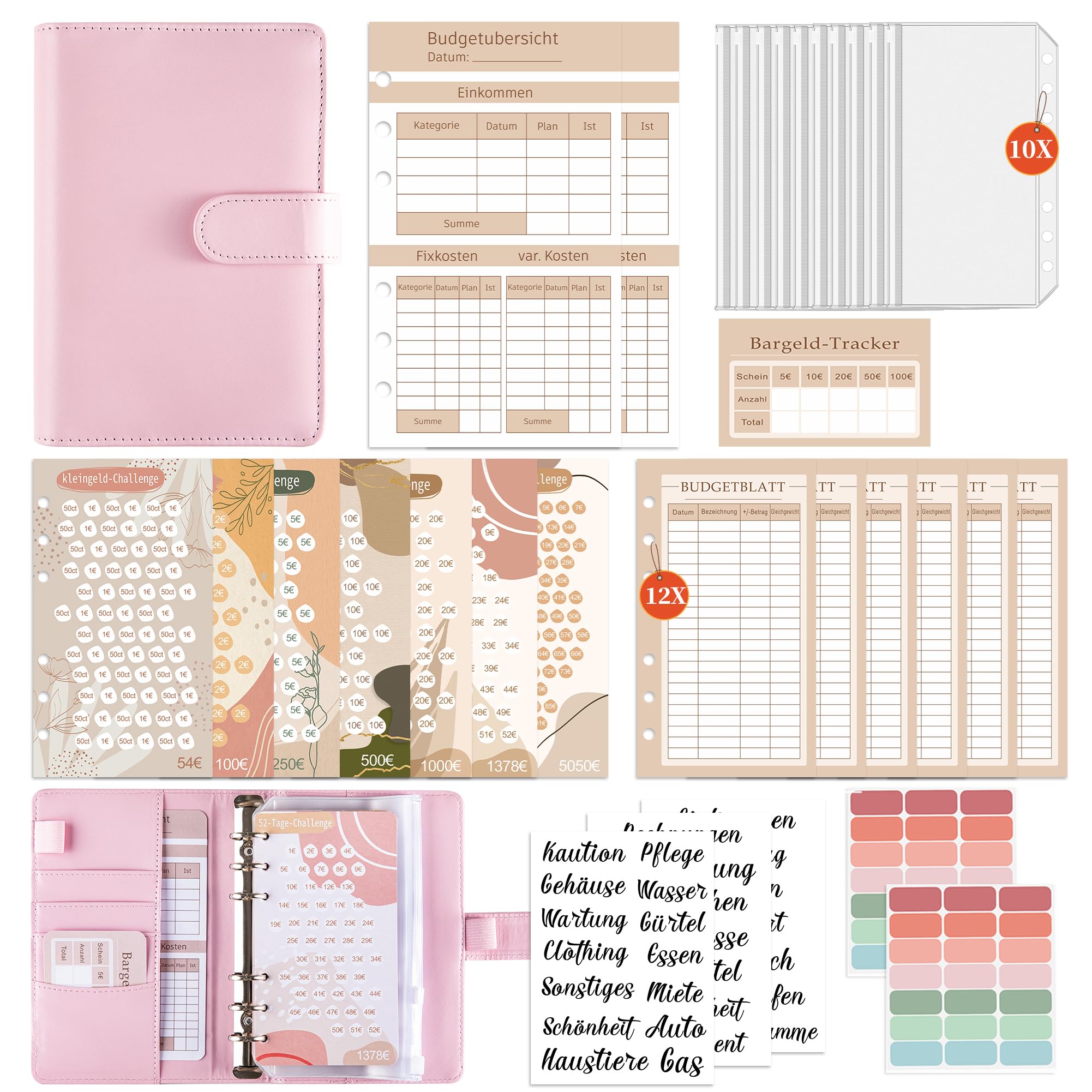 FUHOMI A6 Binder Budget Planner Deutsch - Sparchallenge Budgetplaner, Finanzplaner Haushaltsbuch, Geld Organizer, Sparbuch für Geld mit Umschlagmethode