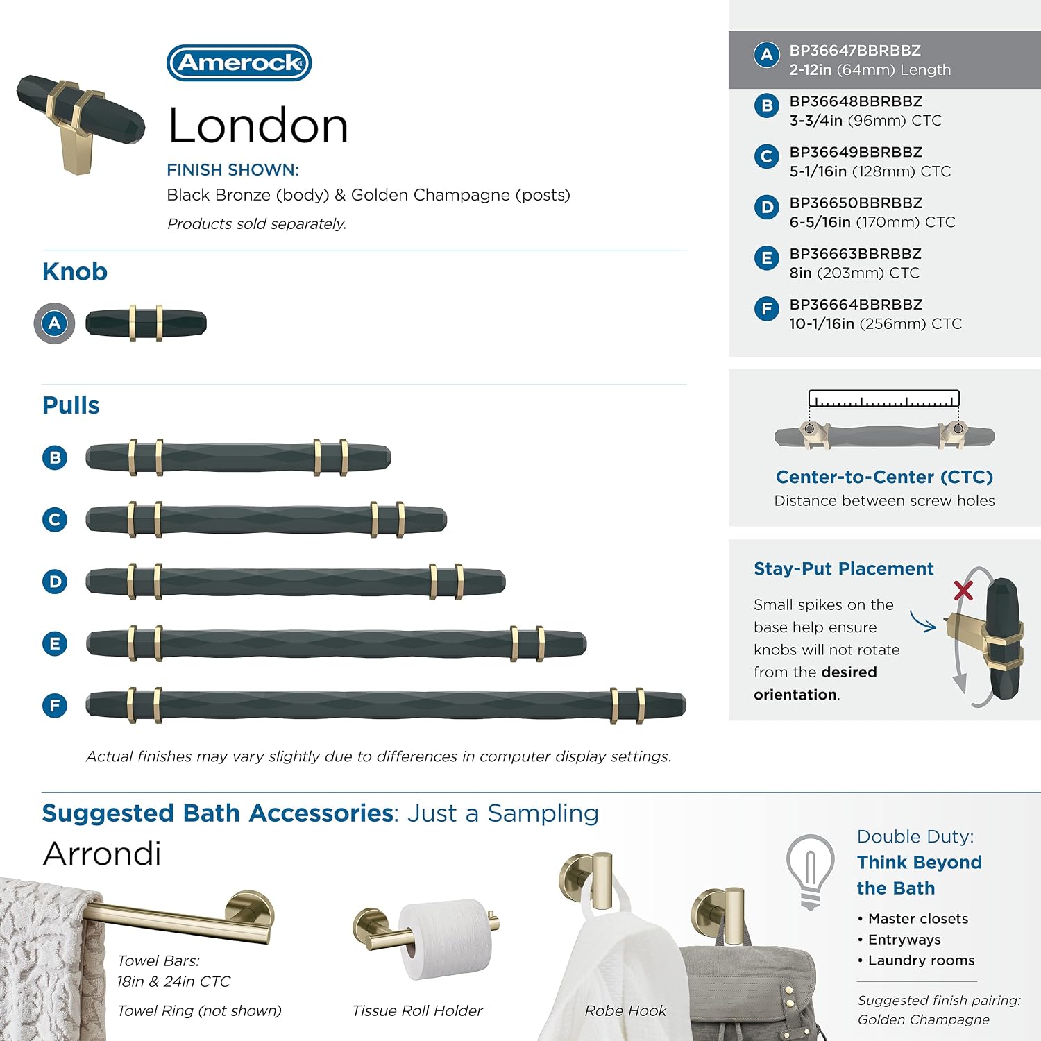 Amerock | Cabinet Knob | Black Bronze/Golden Champagne | 2-1/2 inch (64 mm) Length | London | 1 Pack | Drawer Knob | Cabinet Hardware