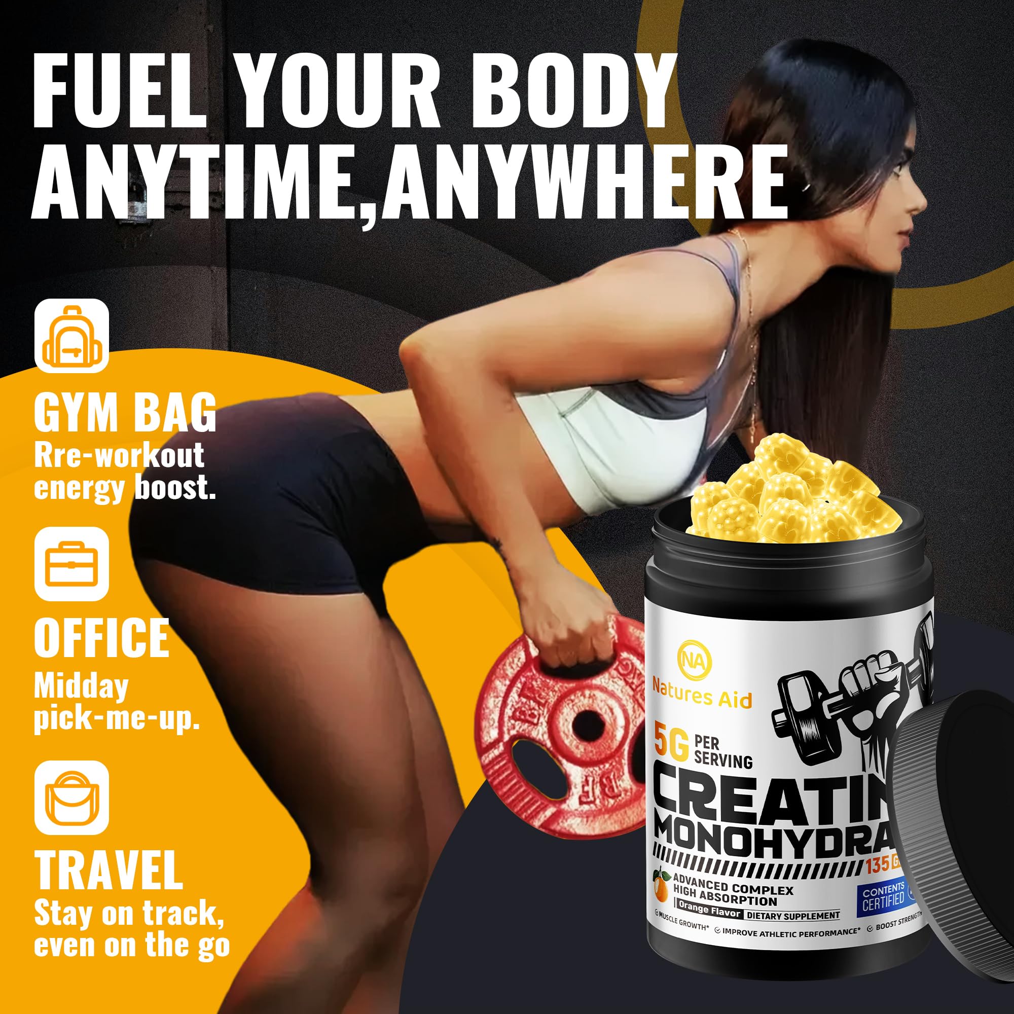 Natures Aid NSF Certified Creatine Gummy 5g - Creatine Monohydrate Gummies – Pre-Workout Energy & Muscle Growth Support for Men & Women | Orange Electrolyte Gummies (135 Count) — Amazon image 7