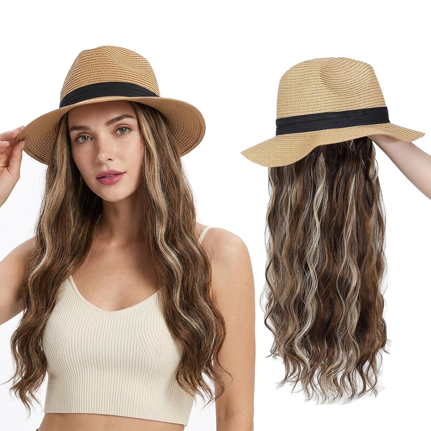 Hat Wig Panama Hat with Mix Brown Long Wave Hair Attached for Women Khaki Color Wide Brim Straw Beach Sun Hat Wig
