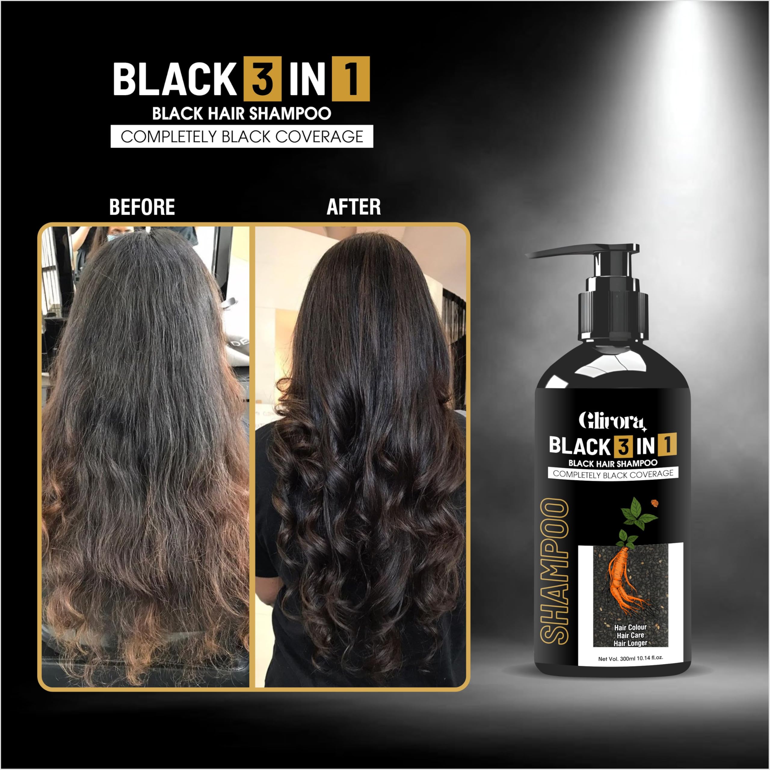 Buy GLIVORA Black 3 in 1 Hair Color Shampoo 300ml, Instant Black