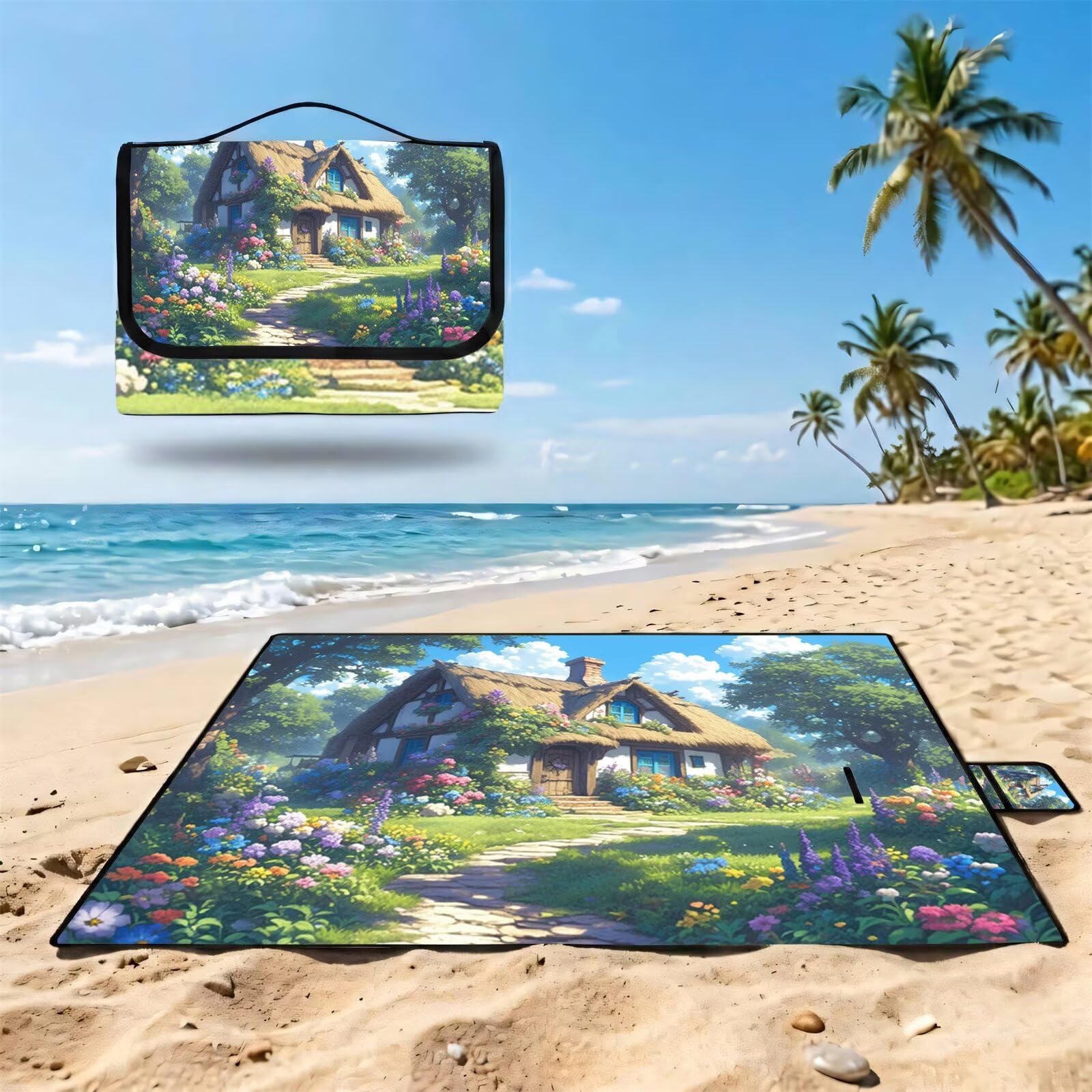 Coperta de Picnic Grande 200x200 cm, Giardino Manta Picnic Impermeable Anti-Sabbia Manta de Playa Pieghevole, Outdoor Picnic Blanket per Spiaggia, Camping, Giardino, Trekking - cottage FZ-123